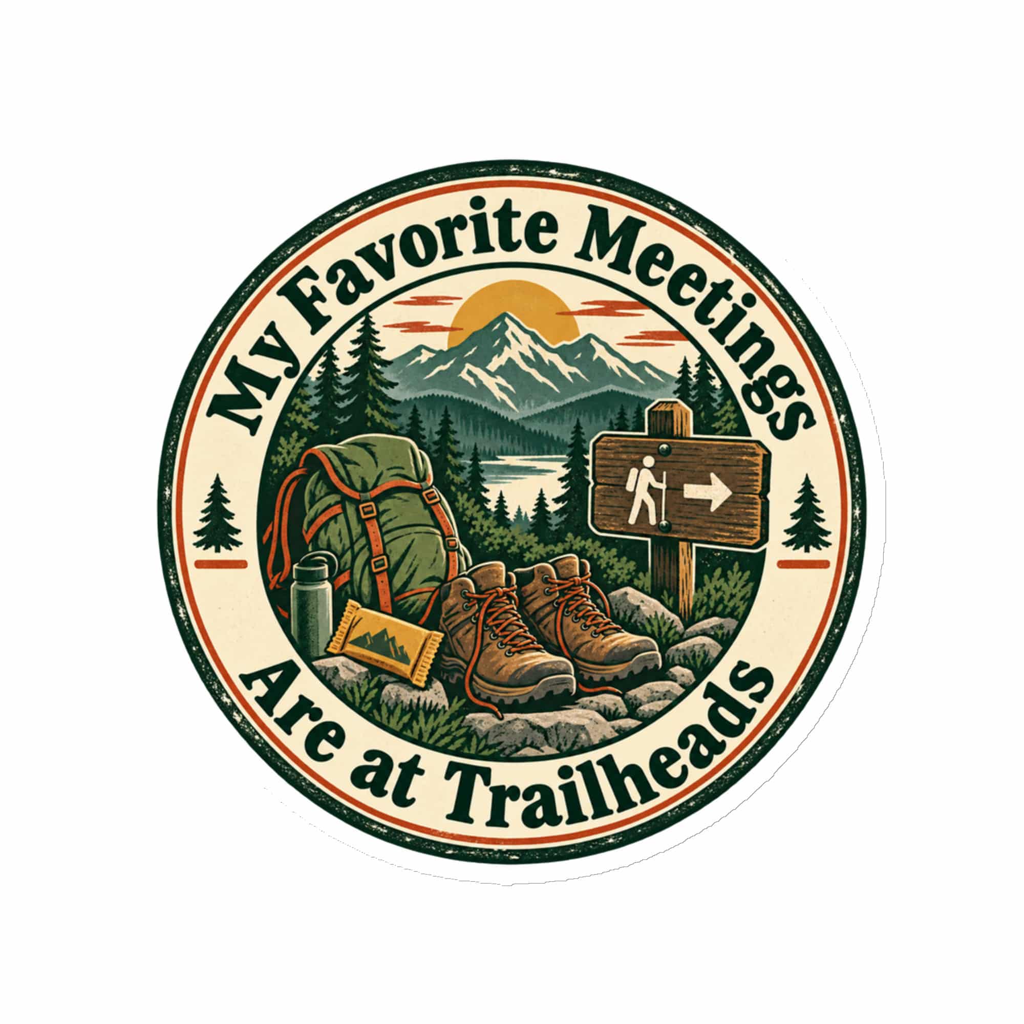Nature and Adventure Die-Cut Magnet: My Favorite Meetings Are at Trailheads, Vintage Round Badge