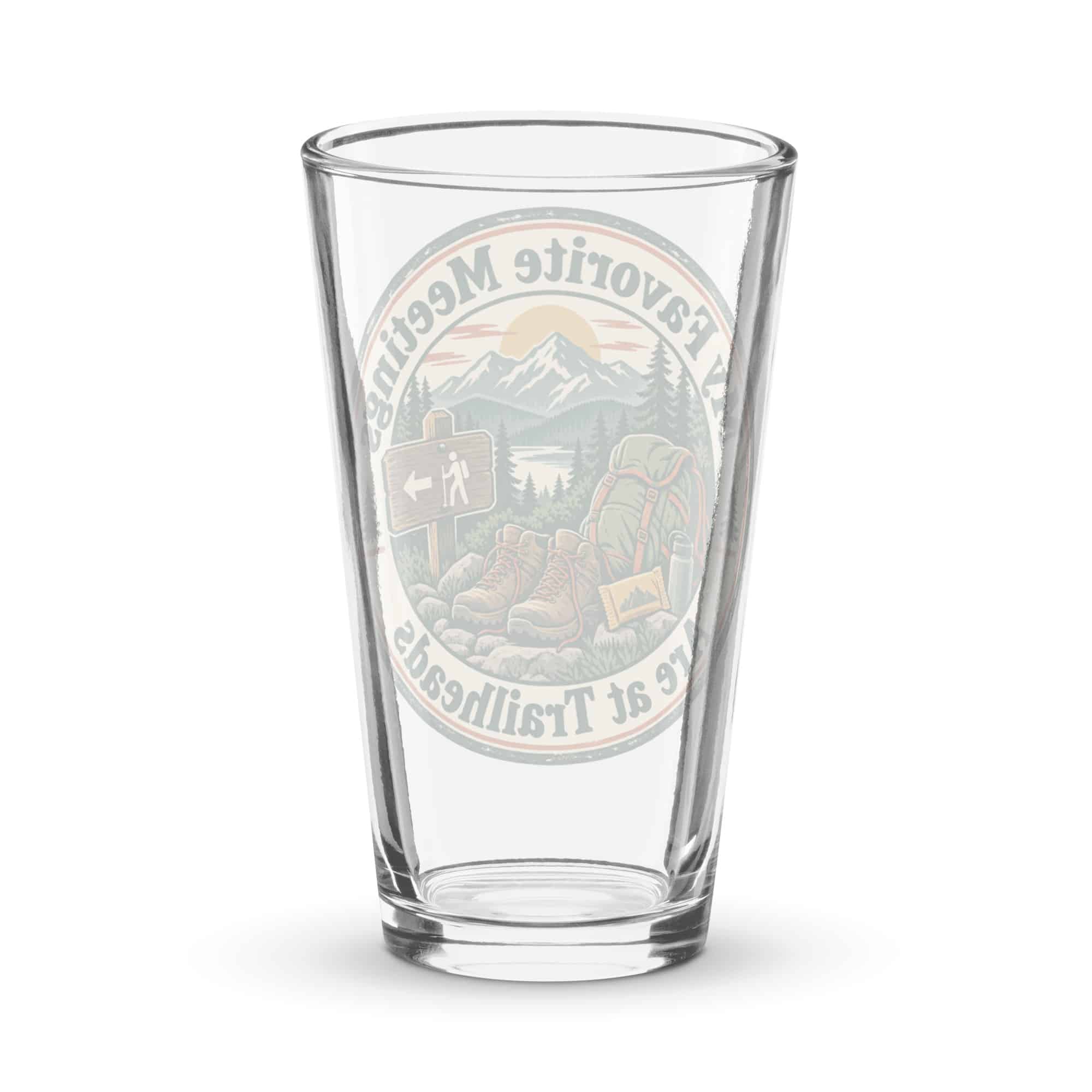 Nature and Adventure Pint Glass: My Favorite Meetings Are at Trailheads, Vintage Round Badge