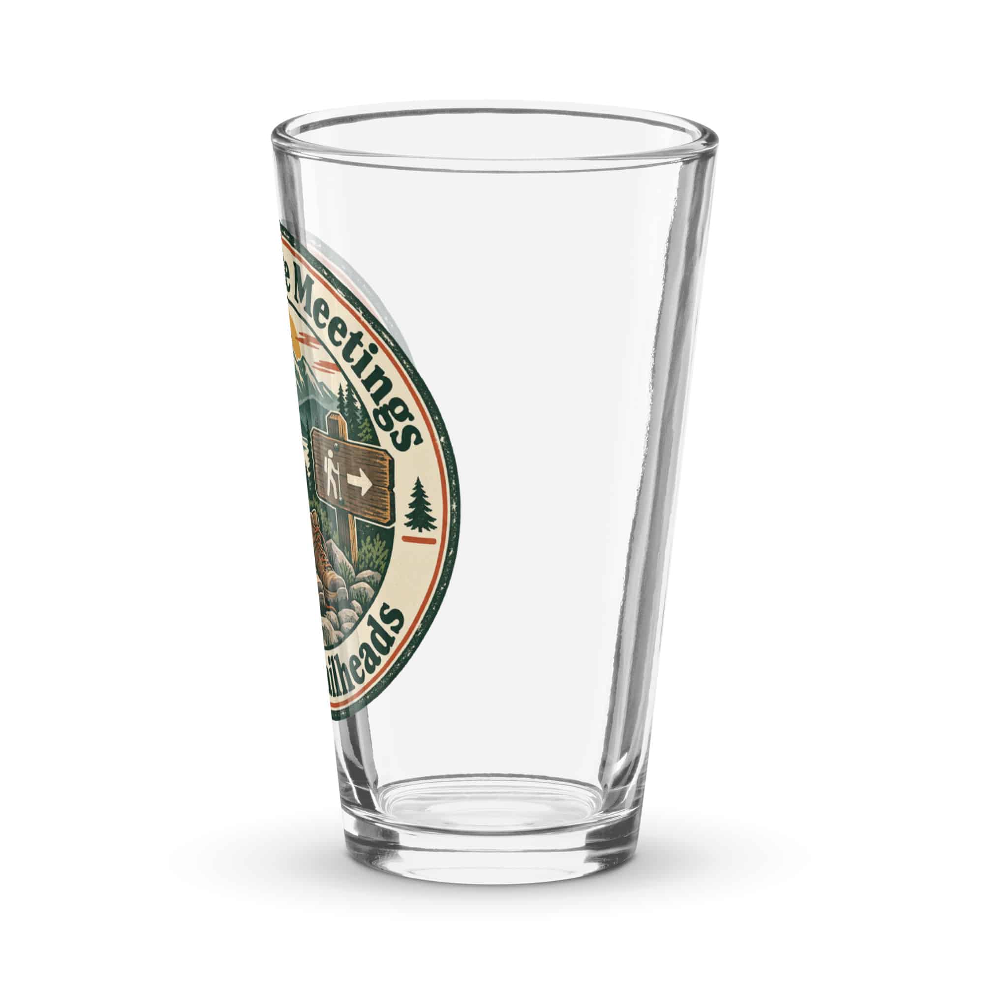 Nature and Adventure Pint Glass: My Favorite Meetings Are at Trailheads, Vintage Round Badge