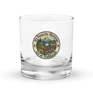 Nature and Adventure Rocks Glass: My Favorite Meetings Are at Trailheads, Vintage Round Badge - 10.5 oz - Main