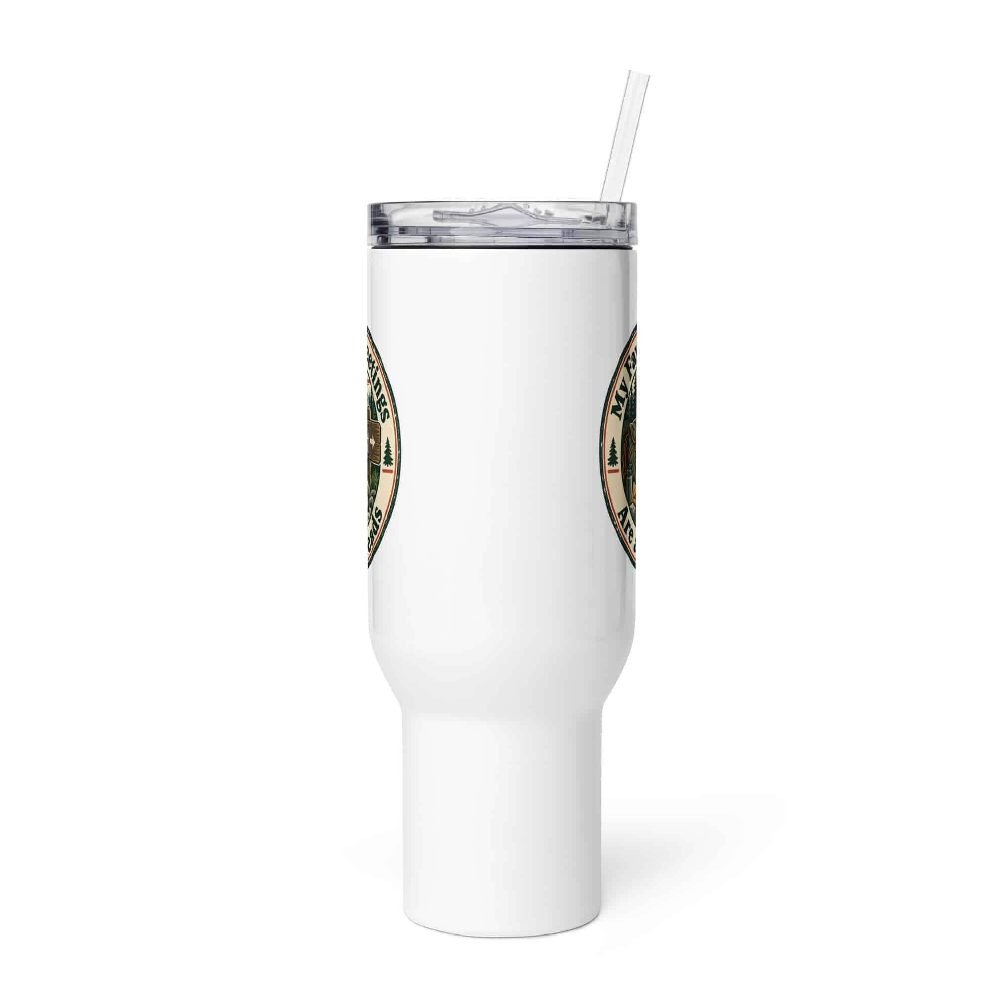 Nature and Adventure Travel Mug: My Favorite Meetings Are at Trailheads, Vintage Round Badge