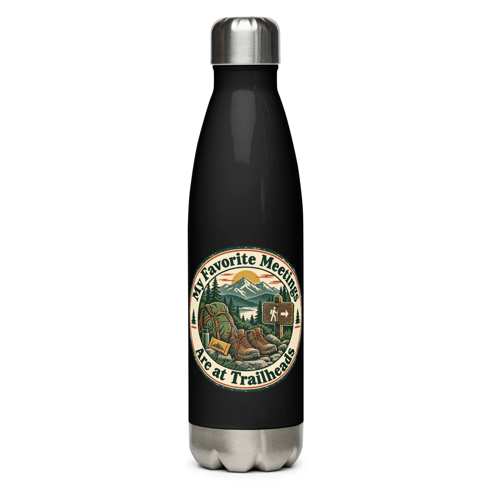 Nature and Adventure Stainless Steel Water Bottle: My Favorite Meetings Are at Trailheads, Vintage Round Badge