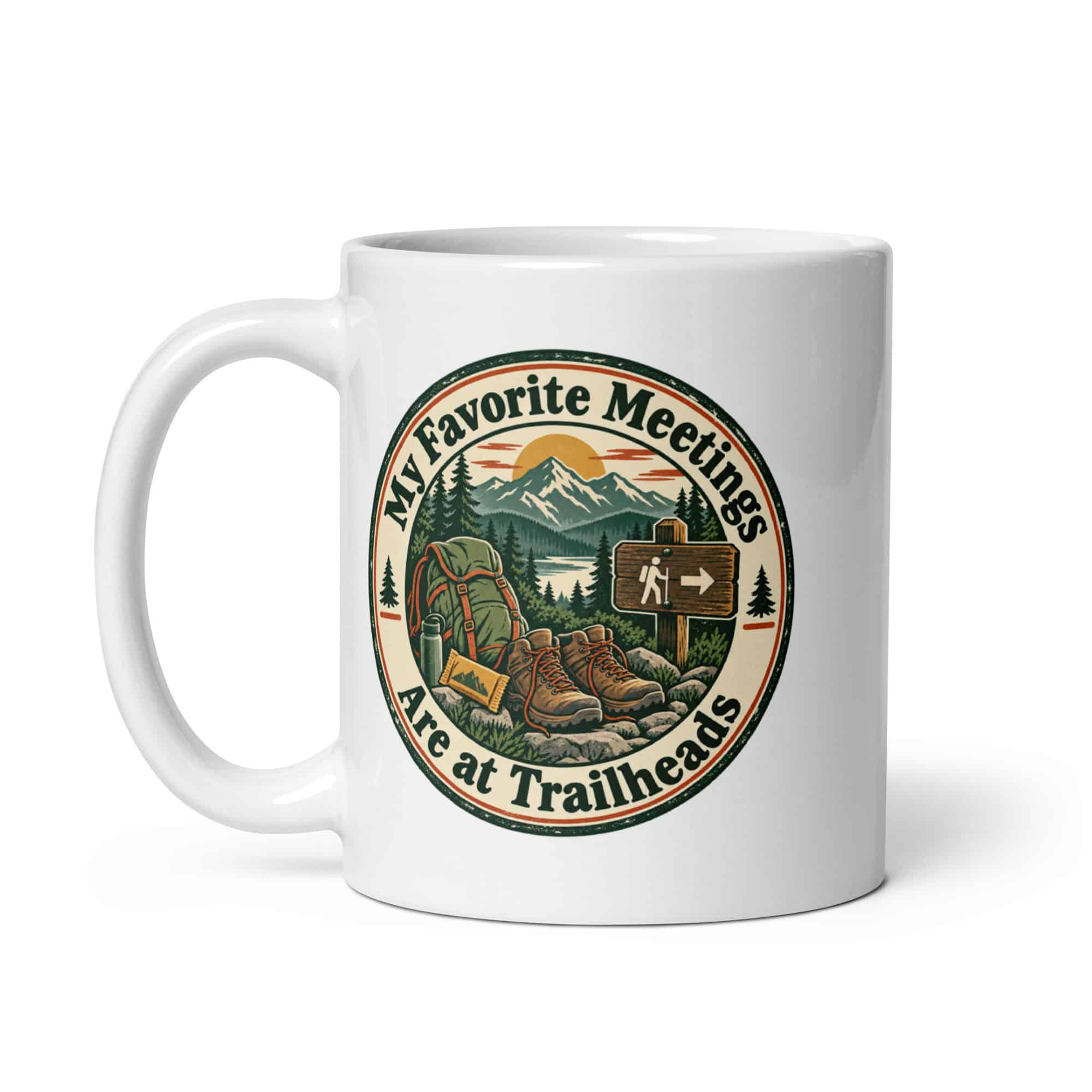 Nature and Adventure White Ceramic Coffee Mug: My Favorite Meetings Are at Trailheads, Vintage Round Badge