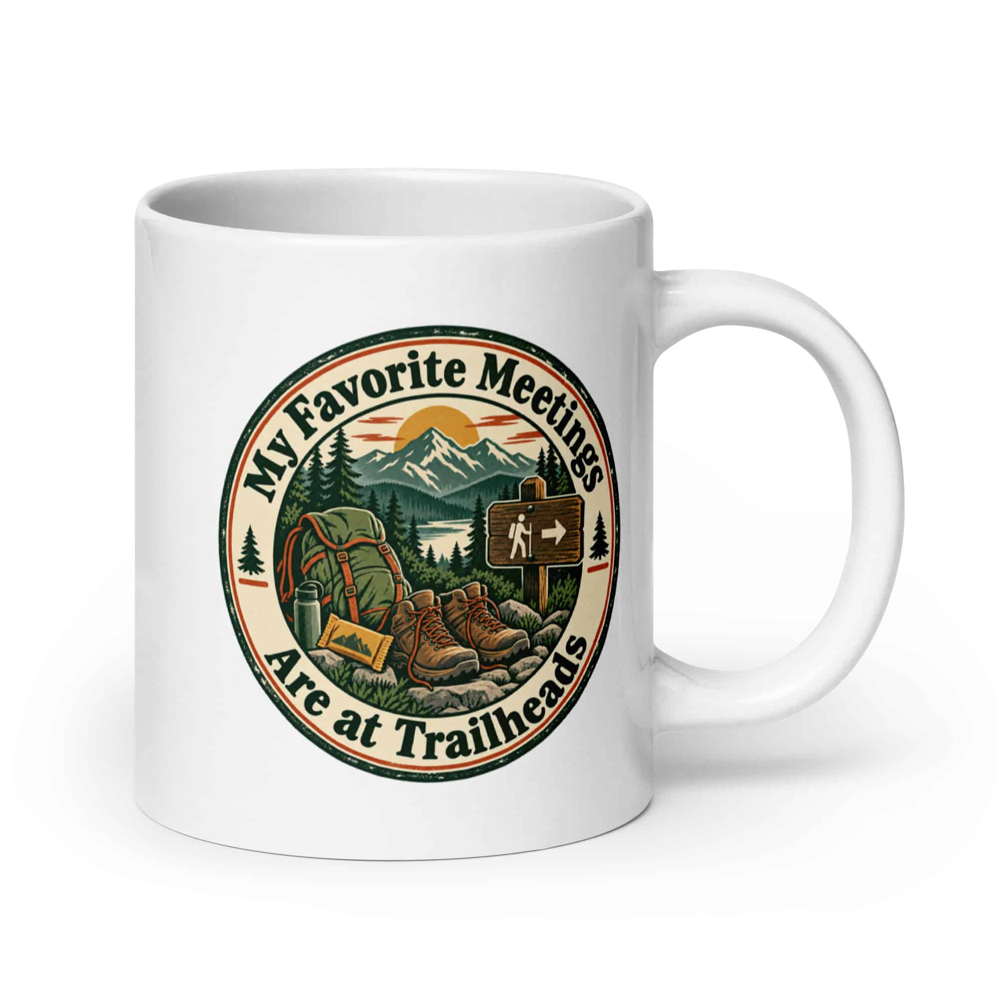 Nature and Adventure White Ceramic Coffee Mug: My Favorite Meetings Are at Trailheads, Vintage Round Badge