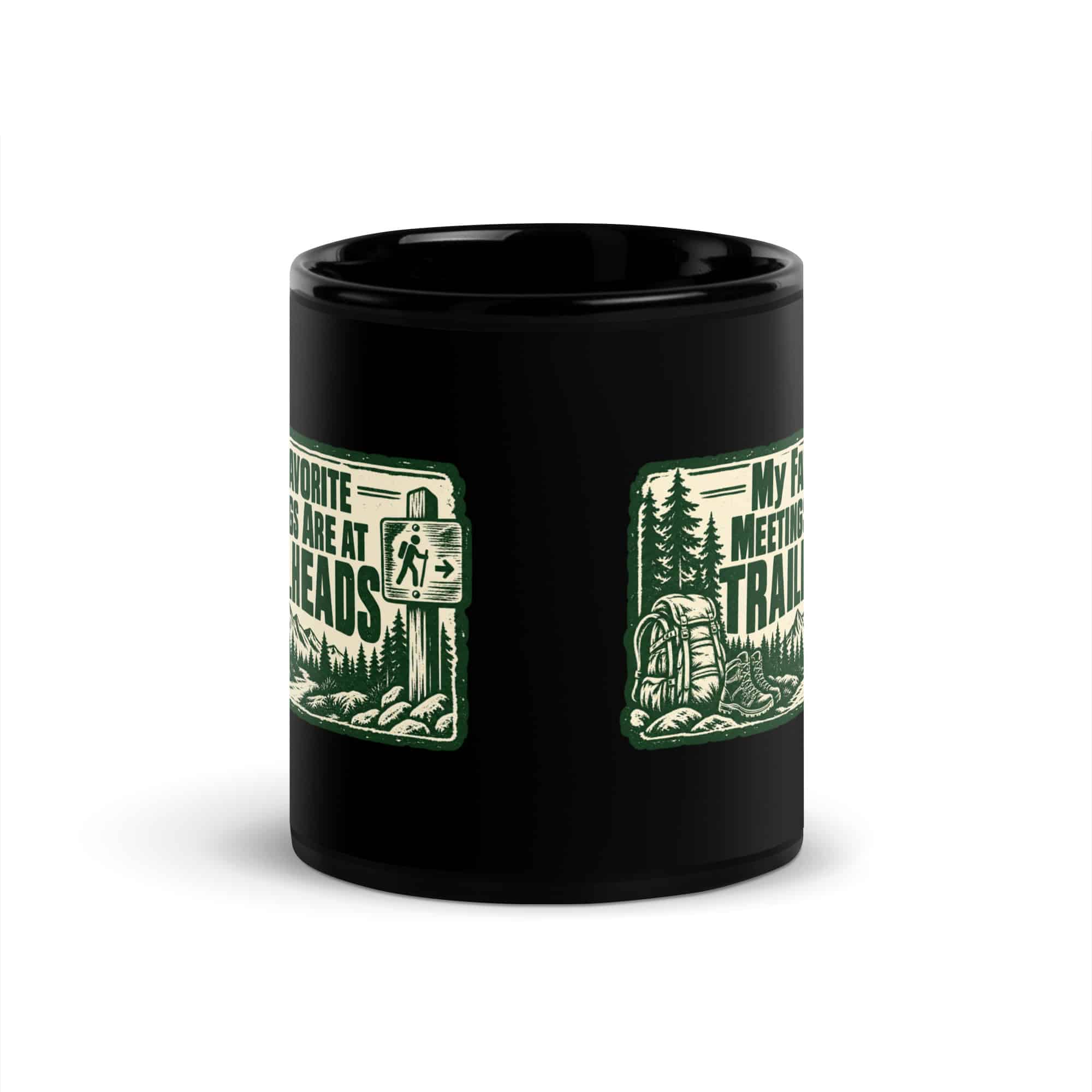 Nature and Adventure Black Coffee Mug: My Favorite Meetings Are at Trailheads, Forest Ink Stamp