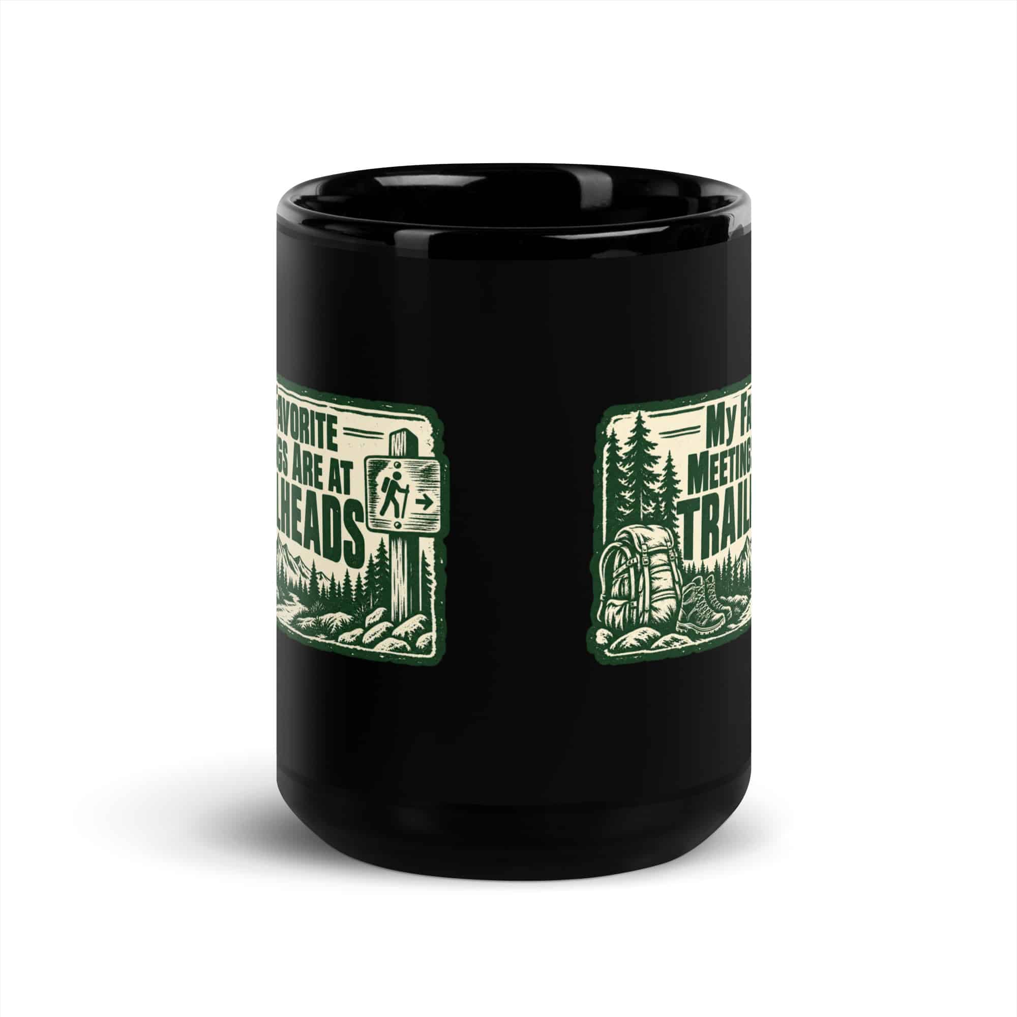Nature and Adventure Black Coffee Mug: My Favorite Meetings Are at Trailheads, Forest Ink Stamp
