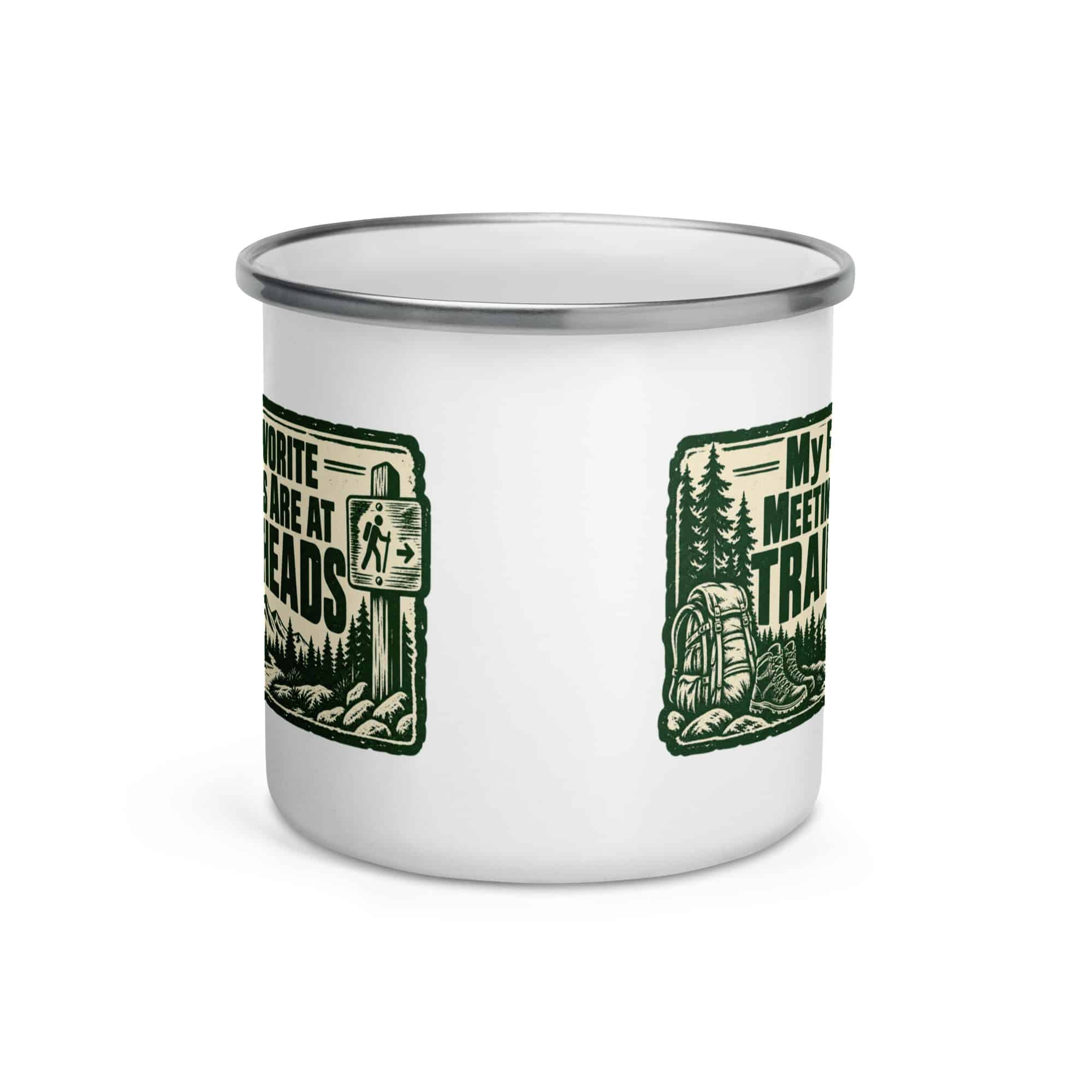 Nature and Adventure Enamel Camp Mug: My Favorite Meetings Are at Trailheads, Forest Ink Stamp