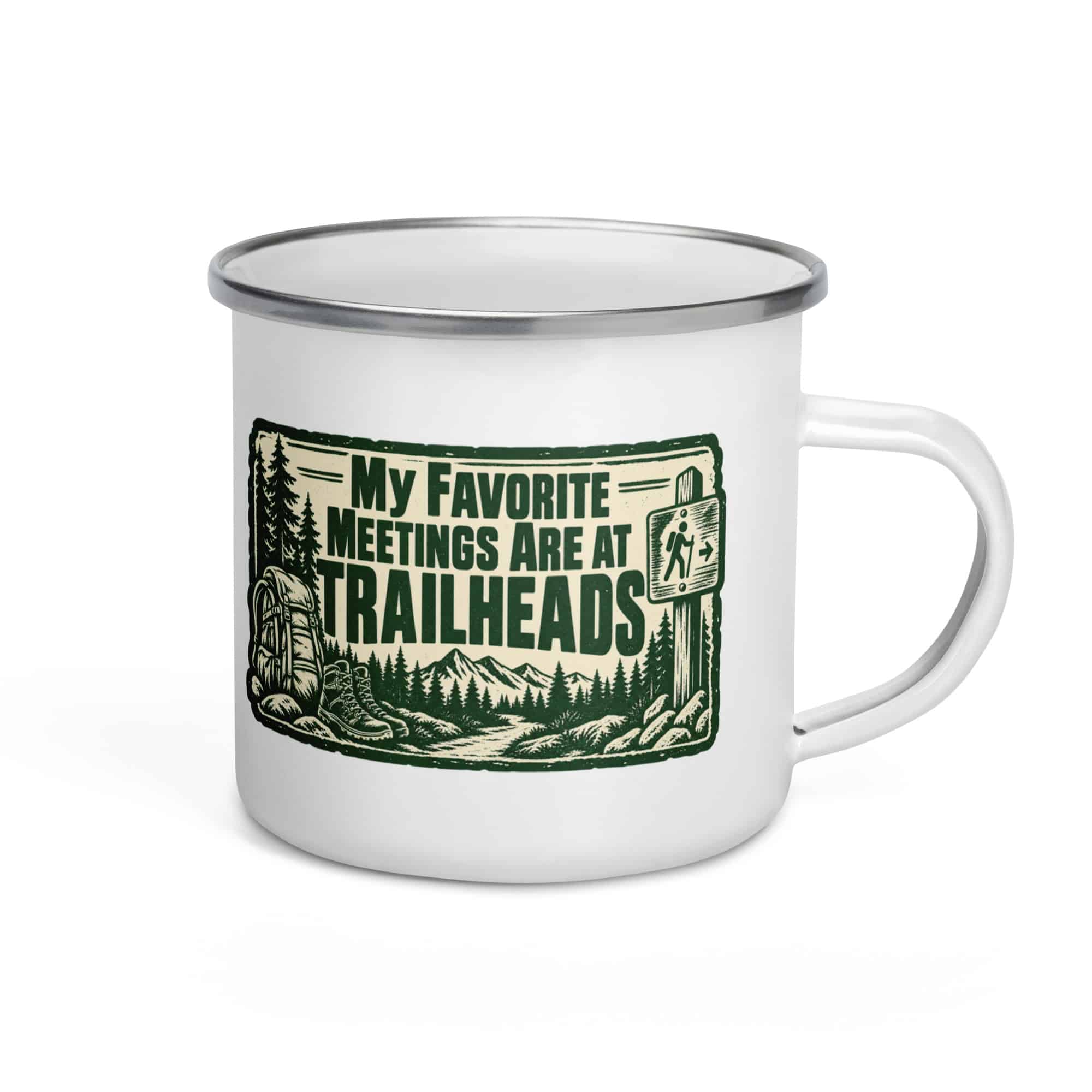 Nature and Adventure Enamel Camp Mug: My Favorite Meetings Are at Trailheads, Forest Ink Stamp