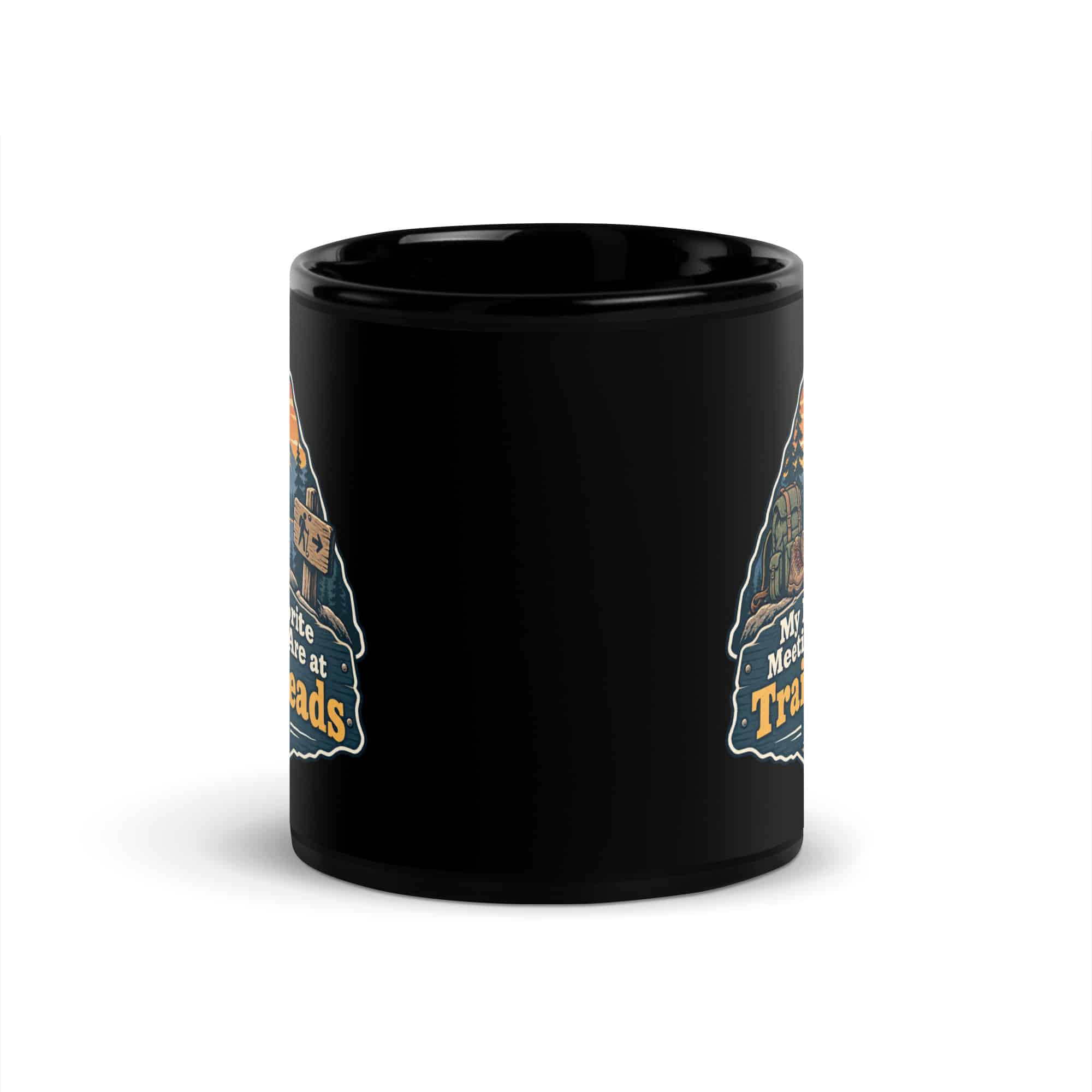 Nature and Adventure Black Coffee Mug: My Favorite Meetings Are at Trailheads, Scenic Shield Badge