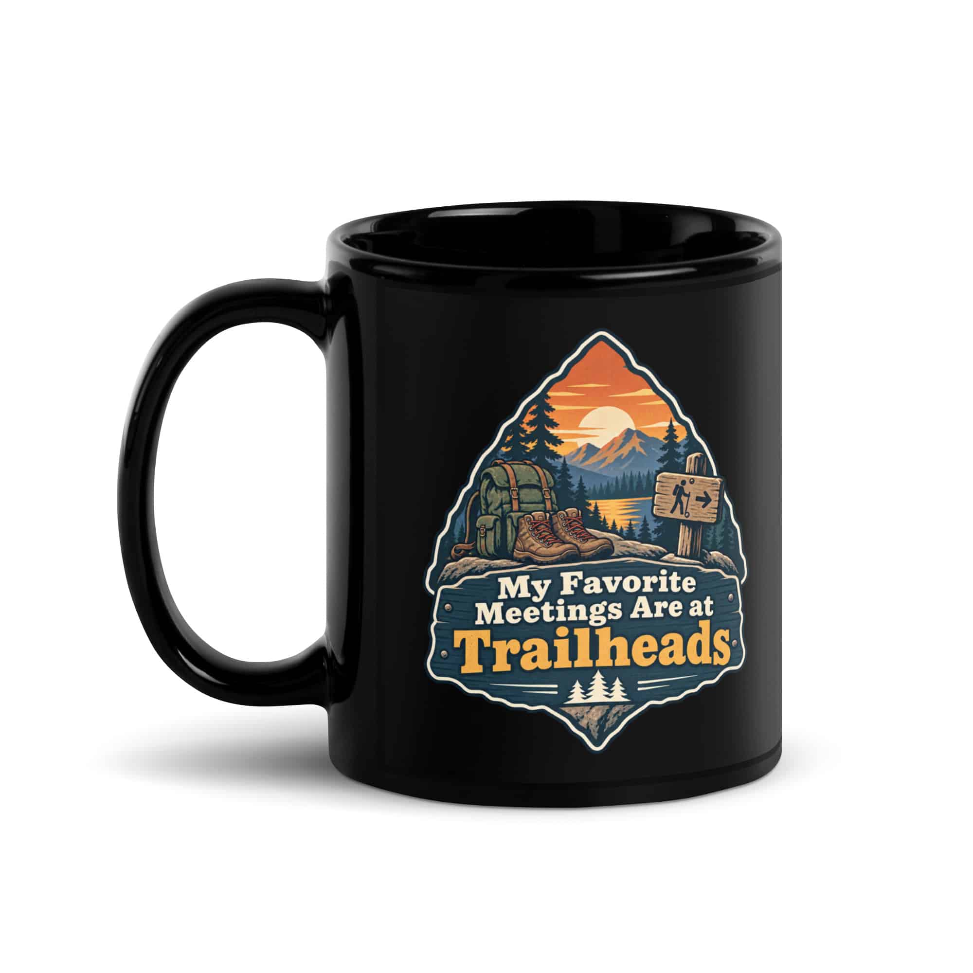 Nature and Adventure Black Coffee Mug: My Favorite Meetings Are at Trailheads, Scenic Shield Badge