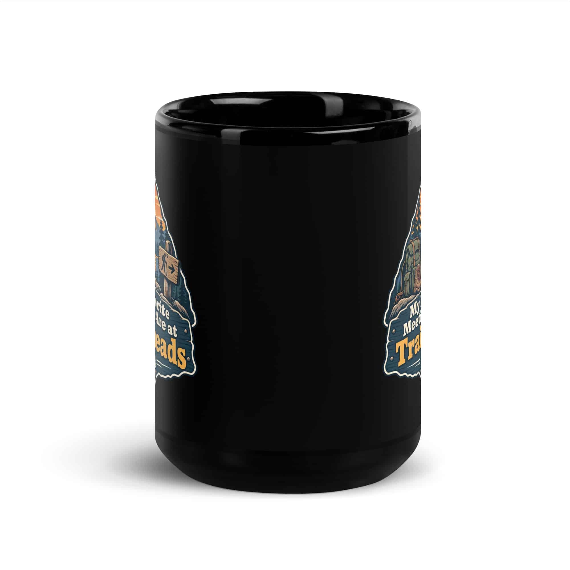 Nature and Adventure Black Coffee Mug: My Favorite Meetings Are at Trailheads, Scenic Shield Badge