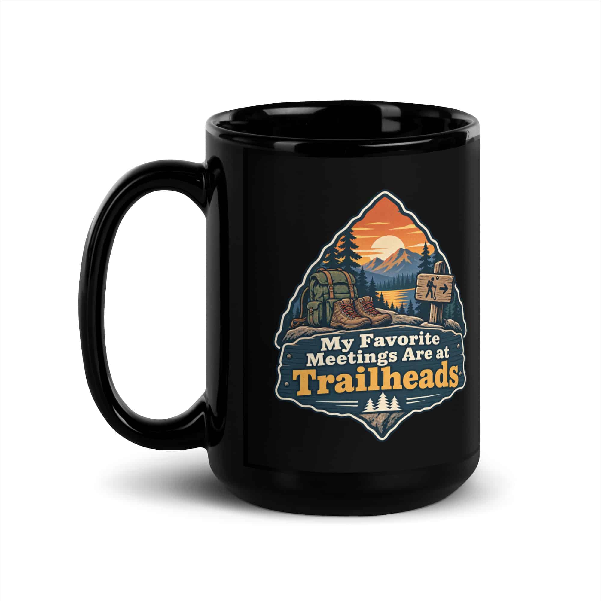 Nature and Adventure Black Coffee Mug: My Favorite Meetings Are at Trailheads, Scenic Shield Badge