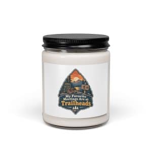 Nature and Adventure Soy Wax Candle: My Favorite Meetings Are at Trailheads, Scenic Shield Badge - 9oz - Main