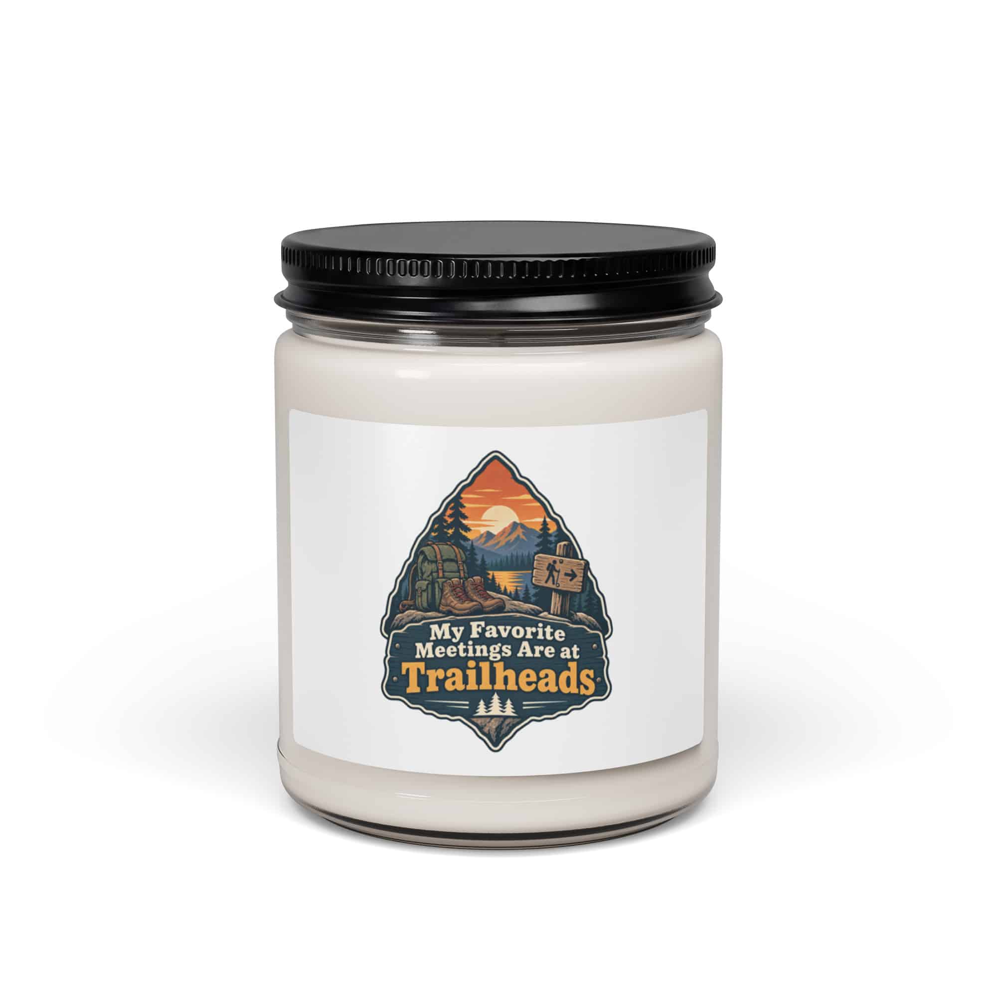 Nature and Adventure Soy Wax Candle: My Favorite Meetings Are at Trailheads, Scenic Shield Badge