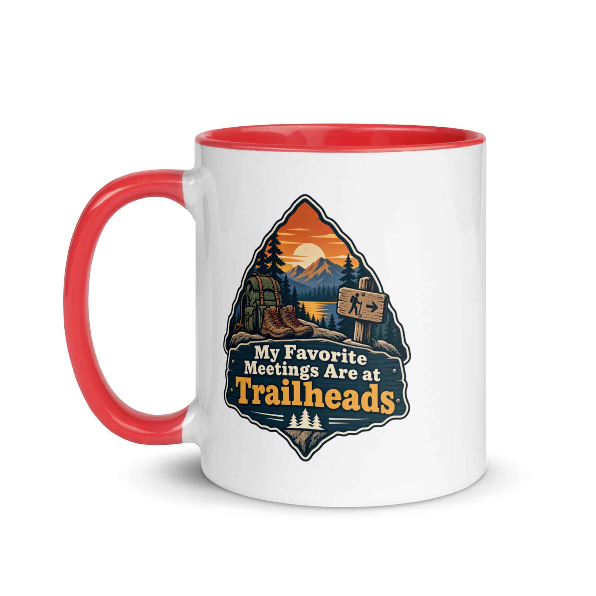 Nature and Adventure Color Inside Coffee Mug: My Favorite Meetings Are at Trailheads, Scenic Shield Badge