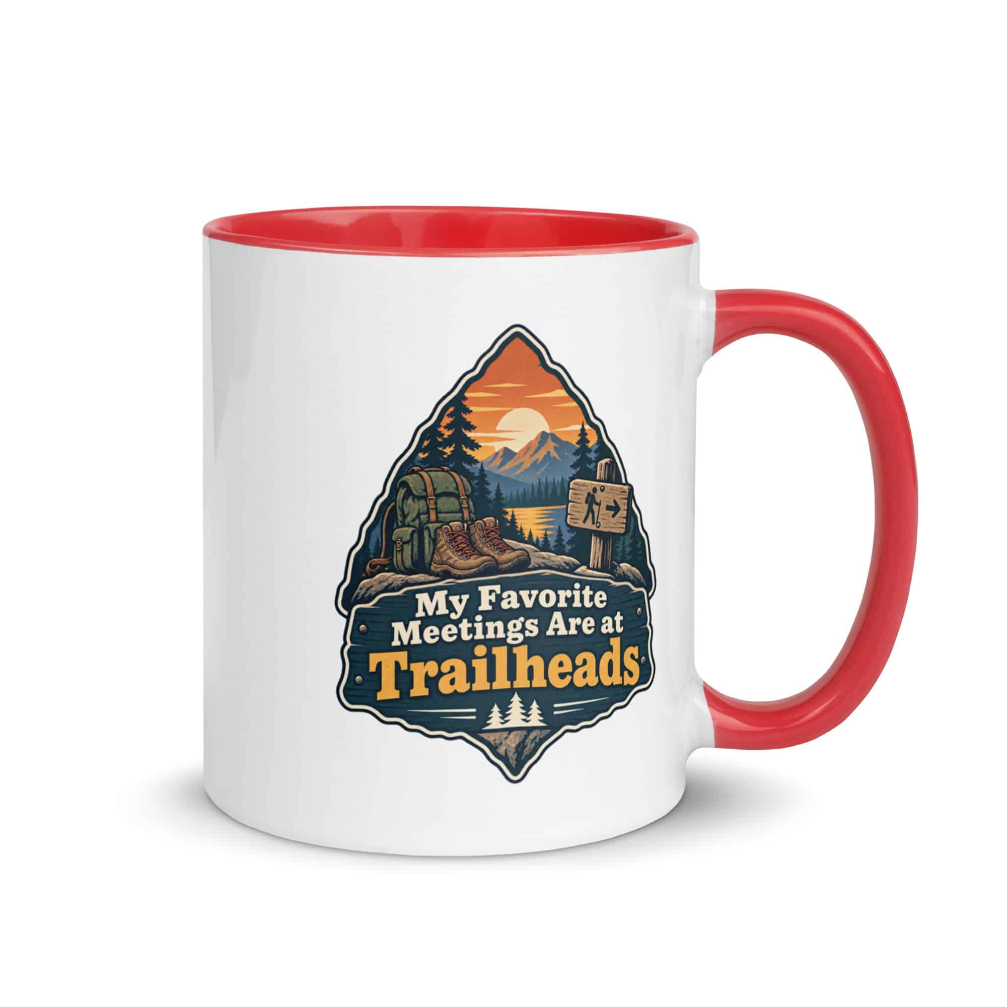 Nature and Adventure Color Inside Coffee Mug: My Favorite Meetings Are at Trailheads, Scenic Shield Badge