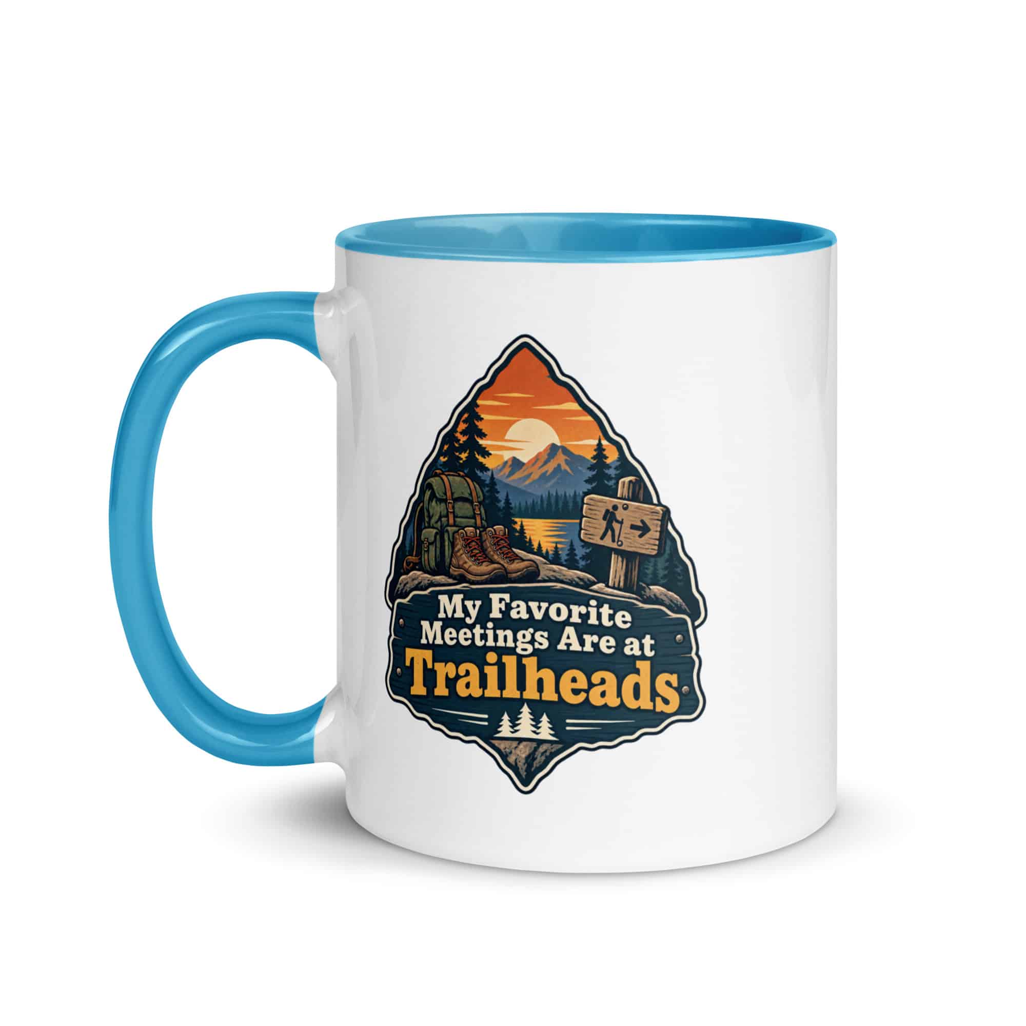 Nature and Adventure Color Inside Coffee Mug: My Favorite Meetings Are at Trailheads, Scenic Shield Badge