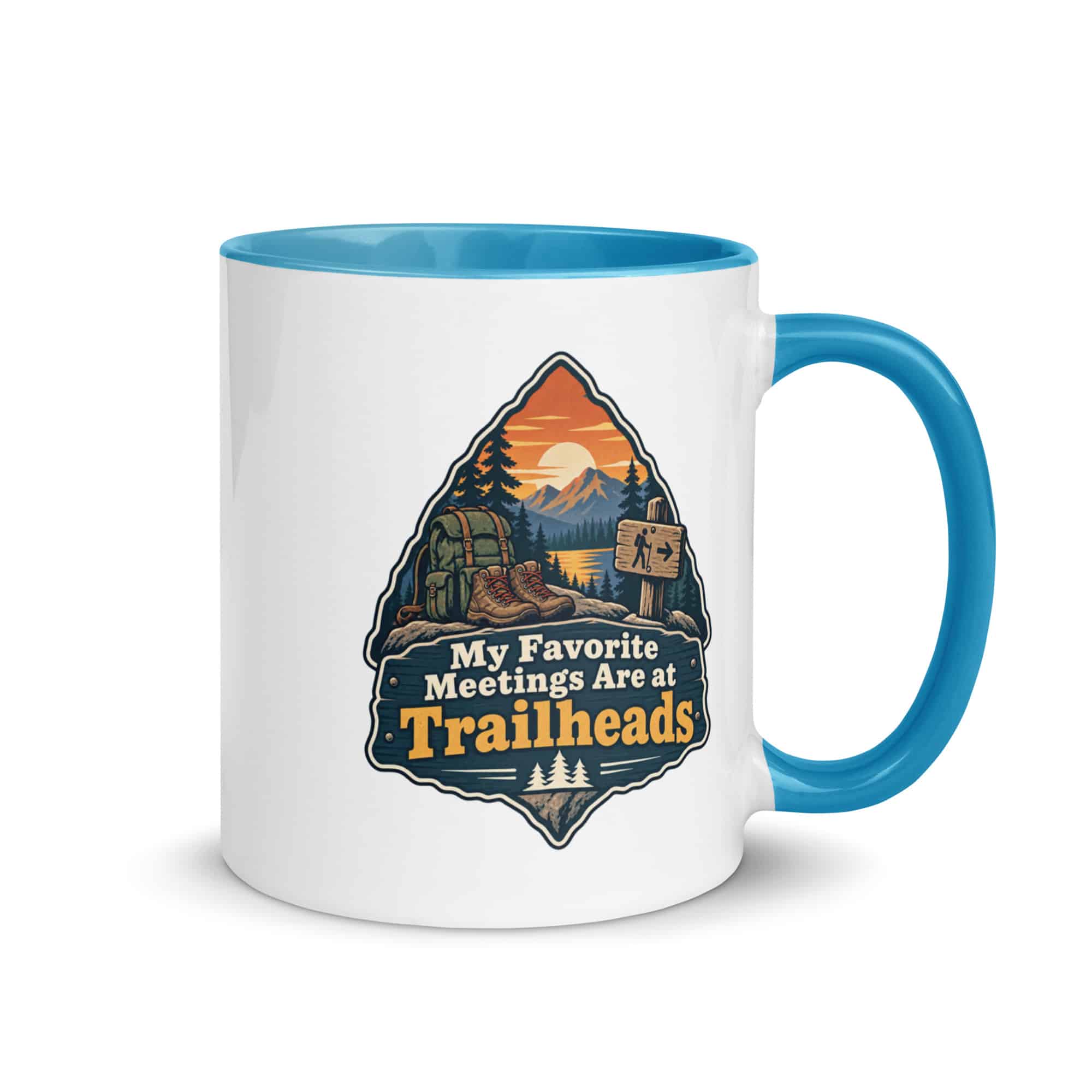 Nature and Adventure Color Inside Coffee Mug: My Favorite Meetings Are at Trailheads, Scenic Shield Badge