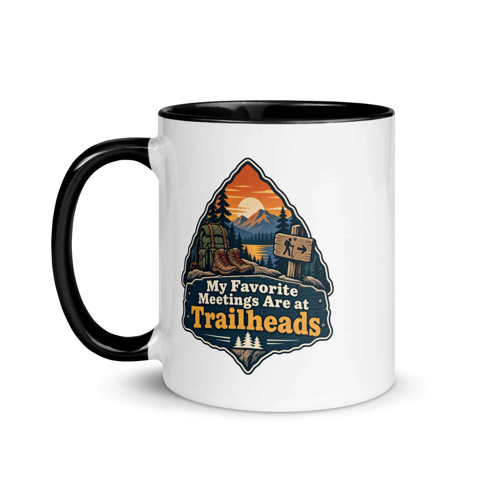 Nature and Adventure Color Inside Coffee Mug: My Favorite Meetings Are at Trailheads, Scenic Shield Badge