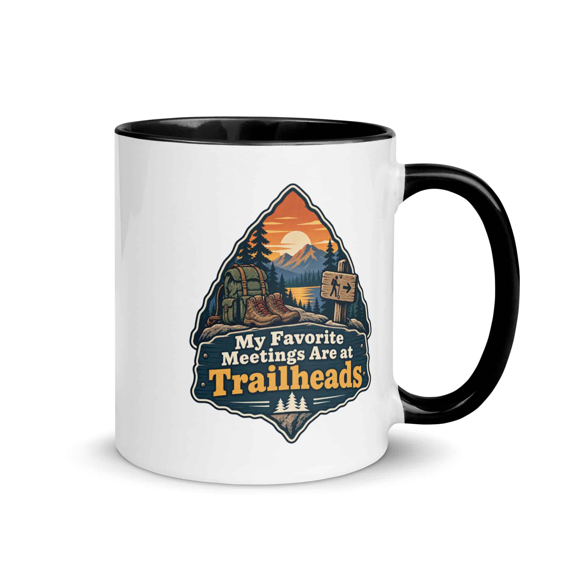 Nature and Adventure Color Inside Coffee Mug: My Favorite Meetings Are at Trailheads, Scenic Shield Badge