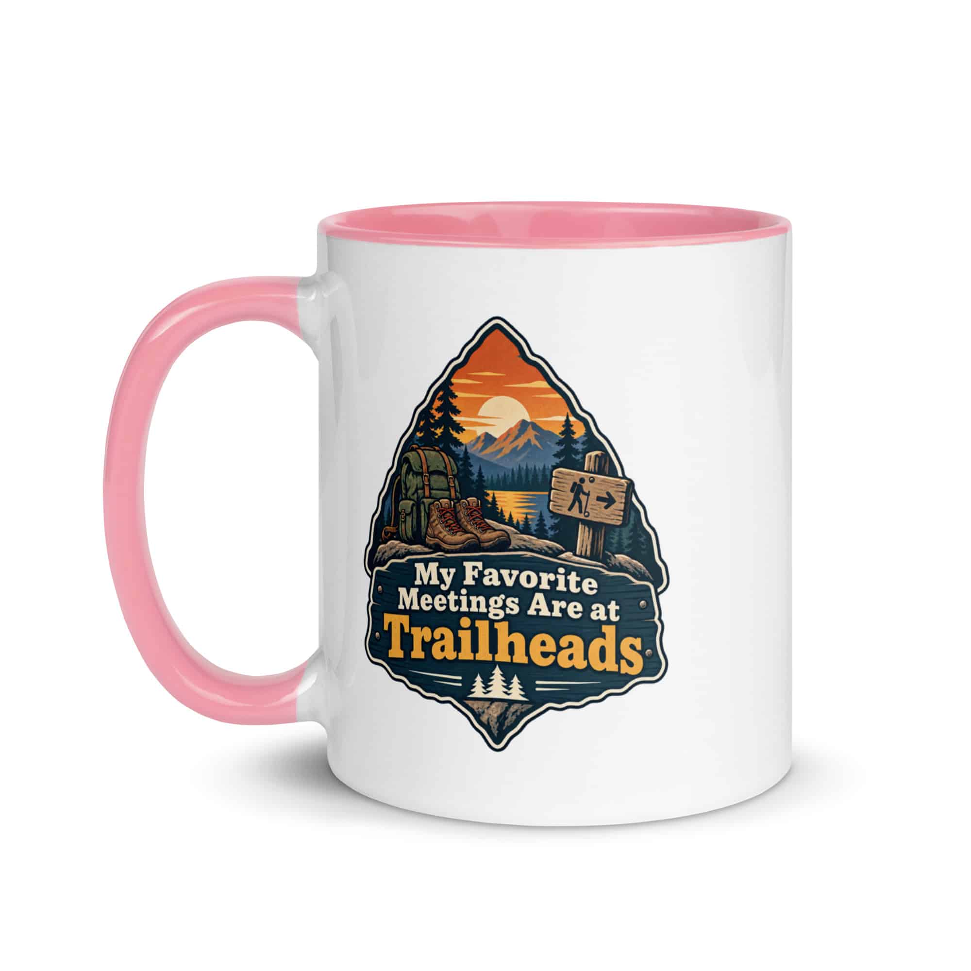 Nature and Adventure Color Inside Coffee Mug: My Favorite Meetings Are at Trailheads, Scenic Shield Badge
