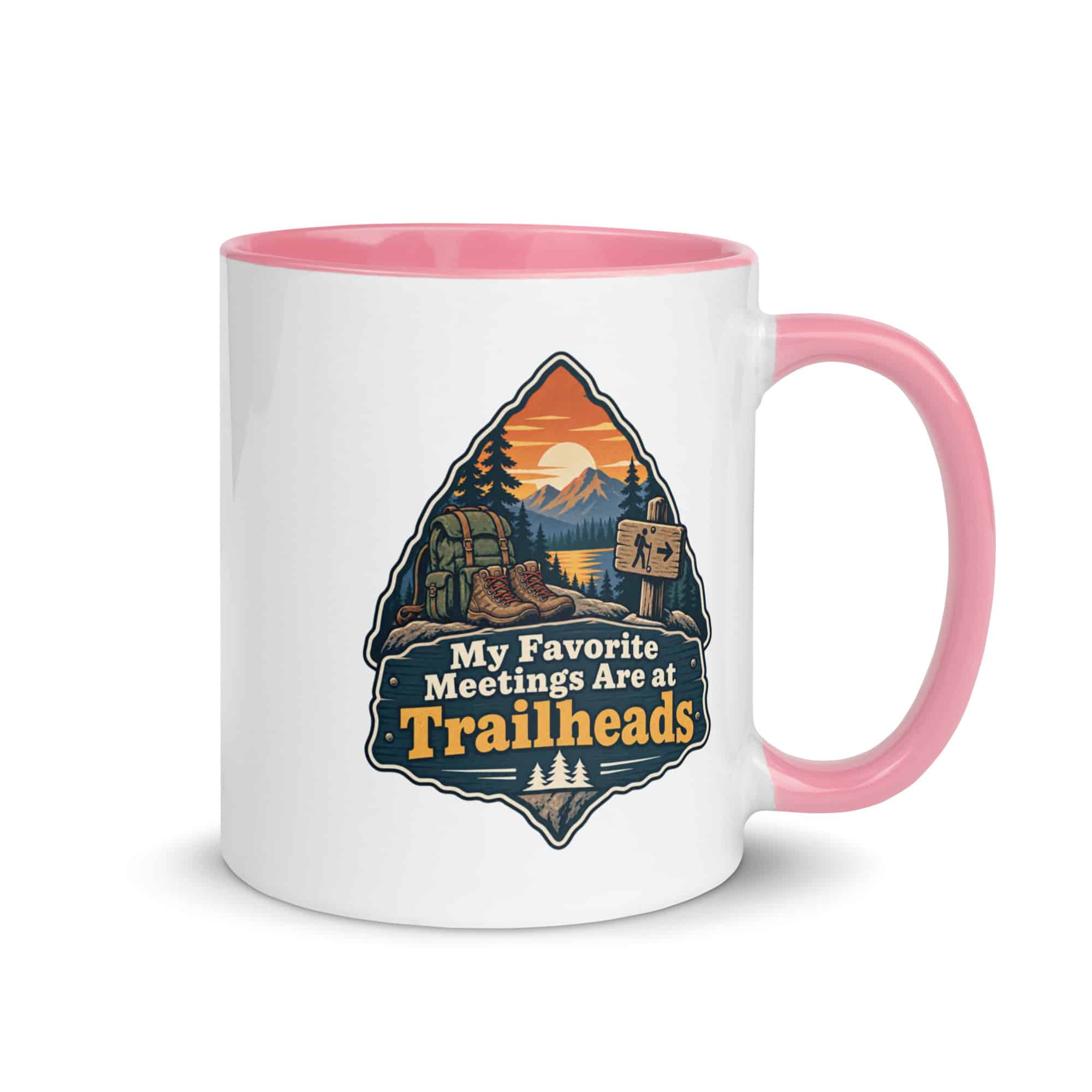 Nature and Adventure Color Inside Coffee Mug: My Favorite Meetings Are at Trailheads, Scenic Shield Badge
