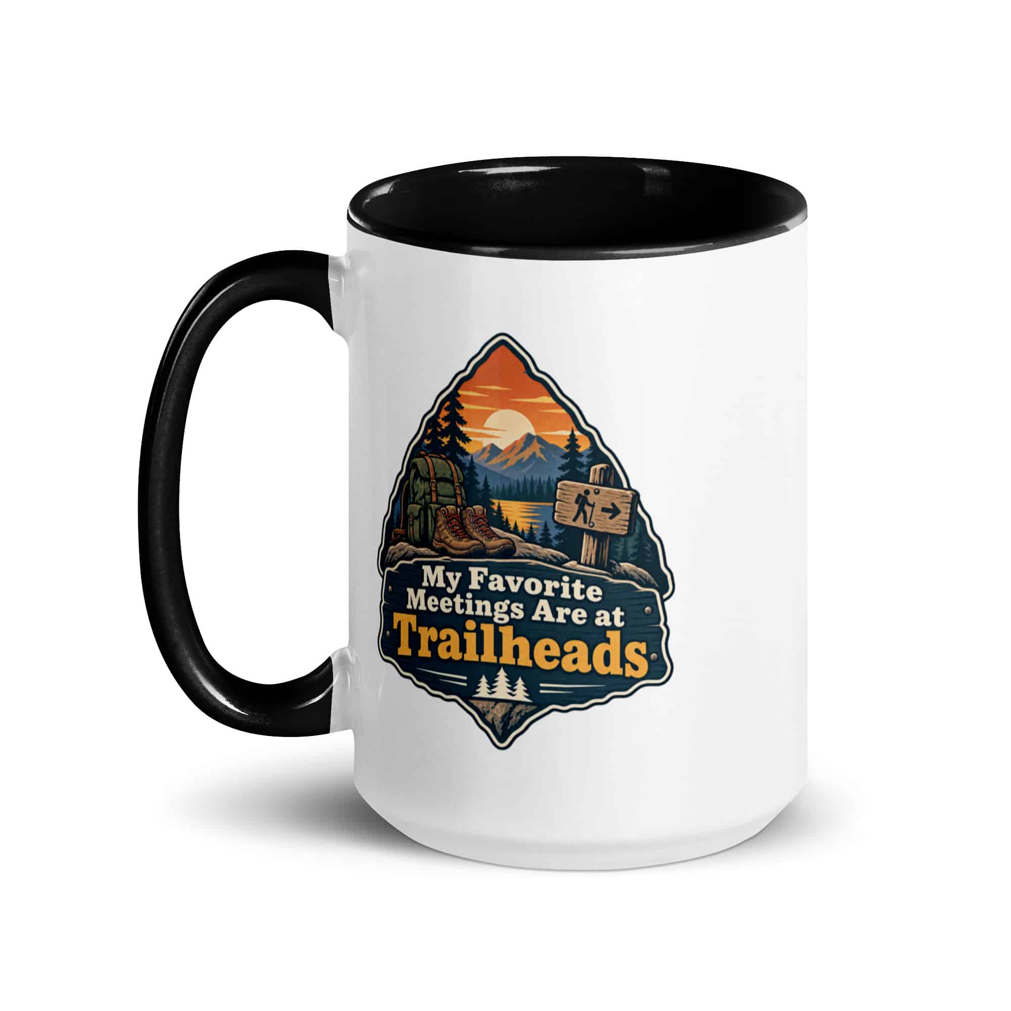 Nature and Adventure Color Inside Coffee Mug: My Favorite Meetings Are at Trailheads, Scenic Shield Badge