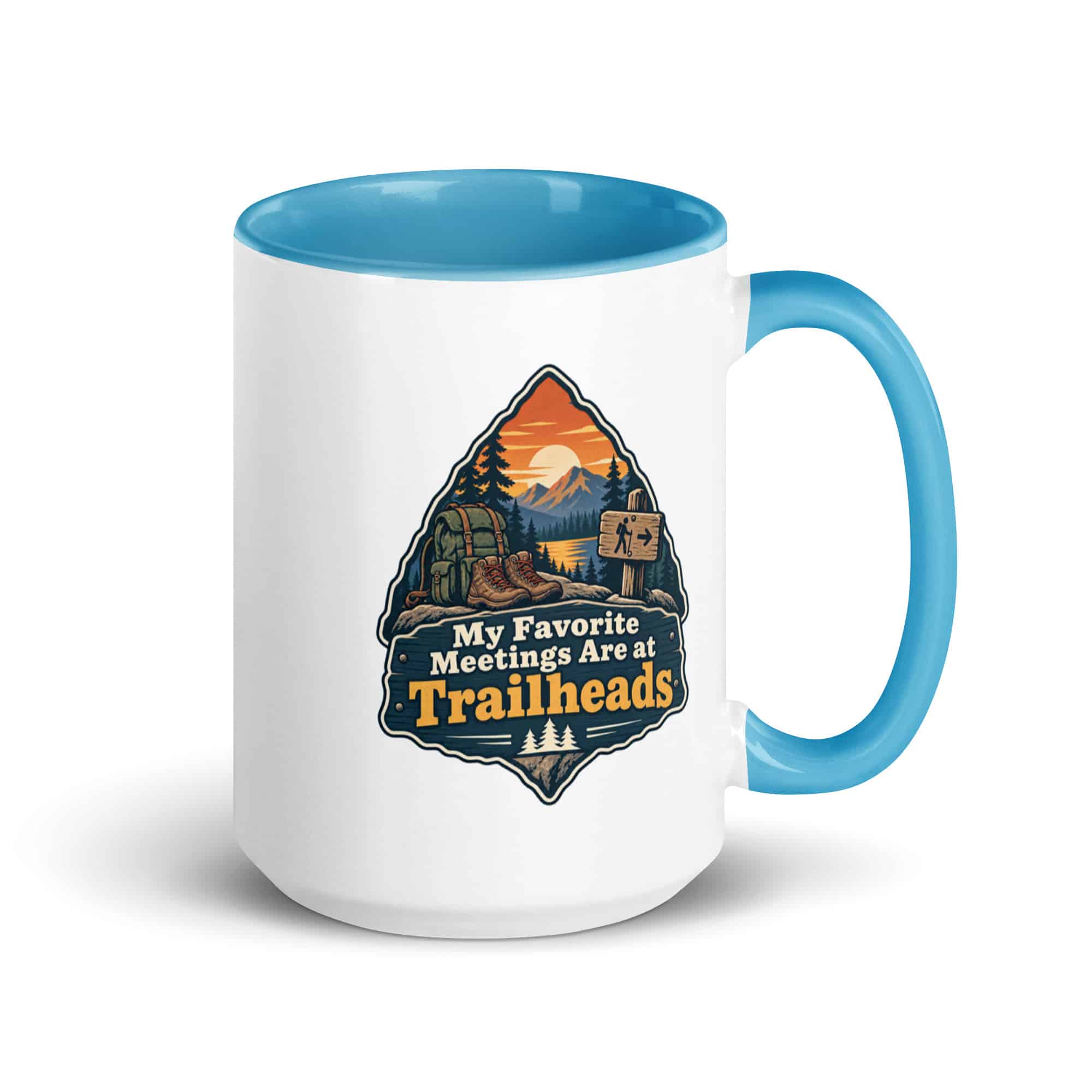 Nature and Adventure Color Inside Coffee Mug: My Favorite Meetings Are at Trailheads, Scenic Shield Badge