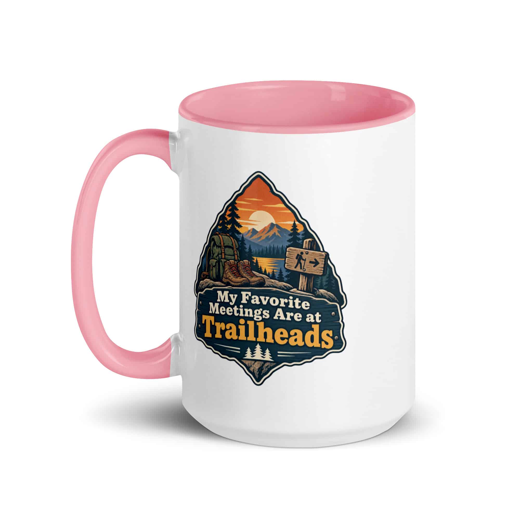 Nature and Adventure Color Inside Coffee Mug: My Favorite Meetings Are at Trailheads, Scenic Shield Badge
