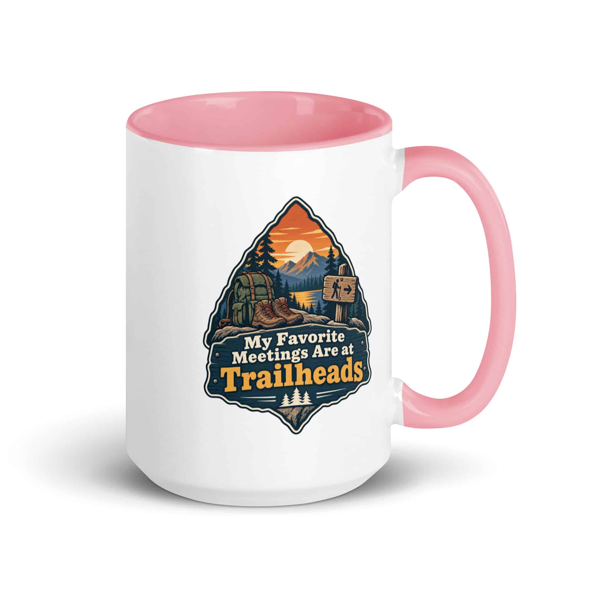 Nature and Adventure Color Inside Coffee Mug: My Favorite Meetings Are at Trailheads, Scenic Shield Badge