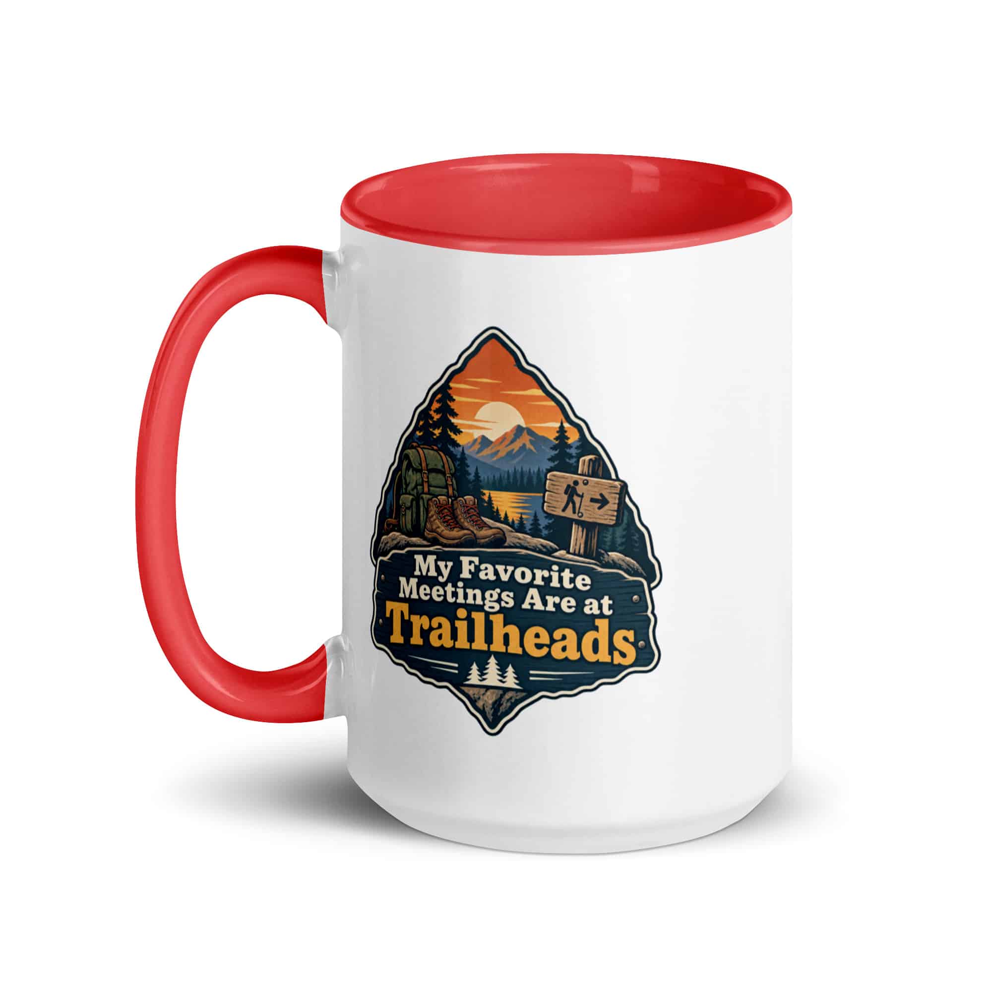 Nature and Adventure Color Inside Coffee Mug: My Favorite Meetings Are at Trailheads, Scenic Shield Badge