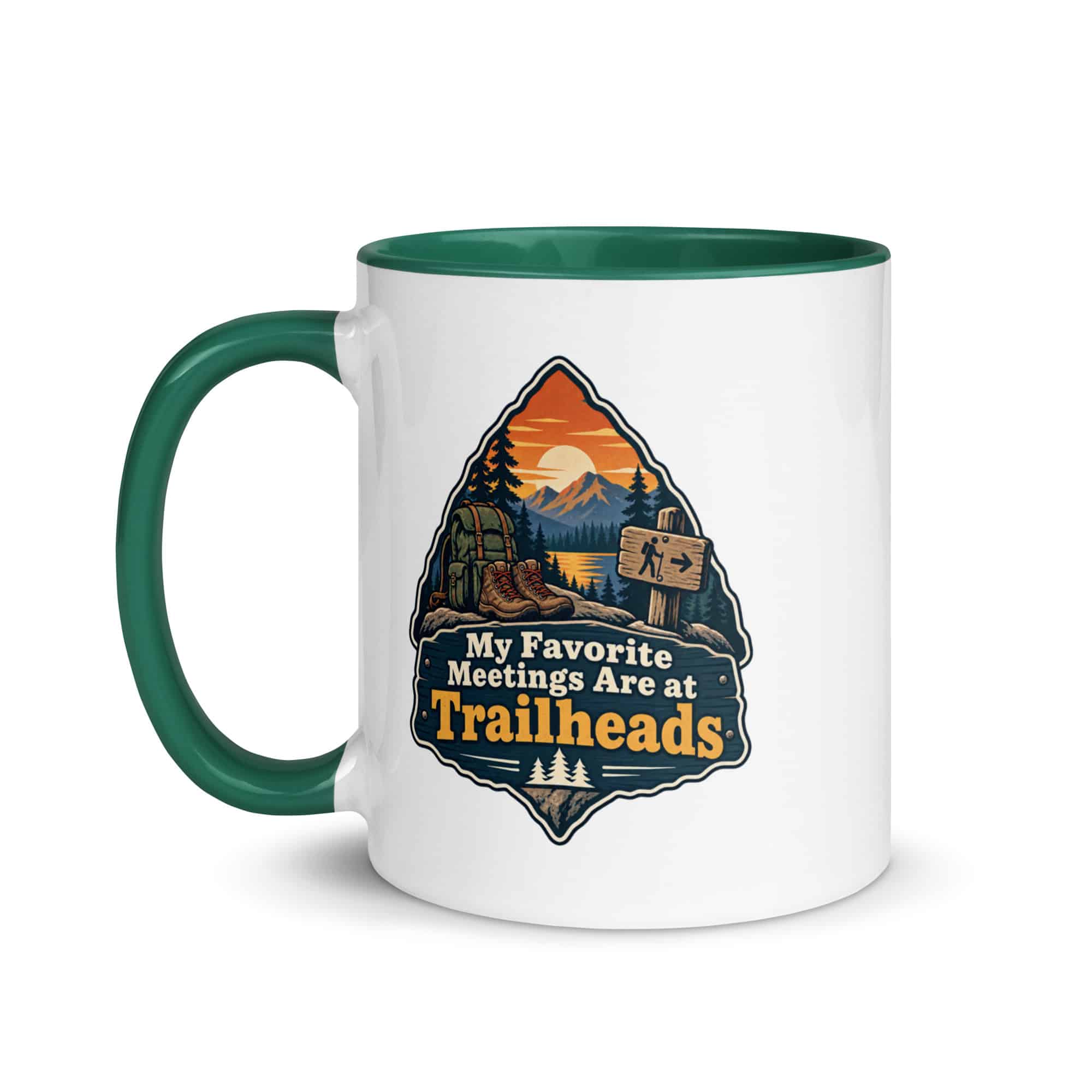 Nature and Adventure Color Inside Coffee Mug: My Favorite Meetings Are at Trailheads, Scenic Shield Badge