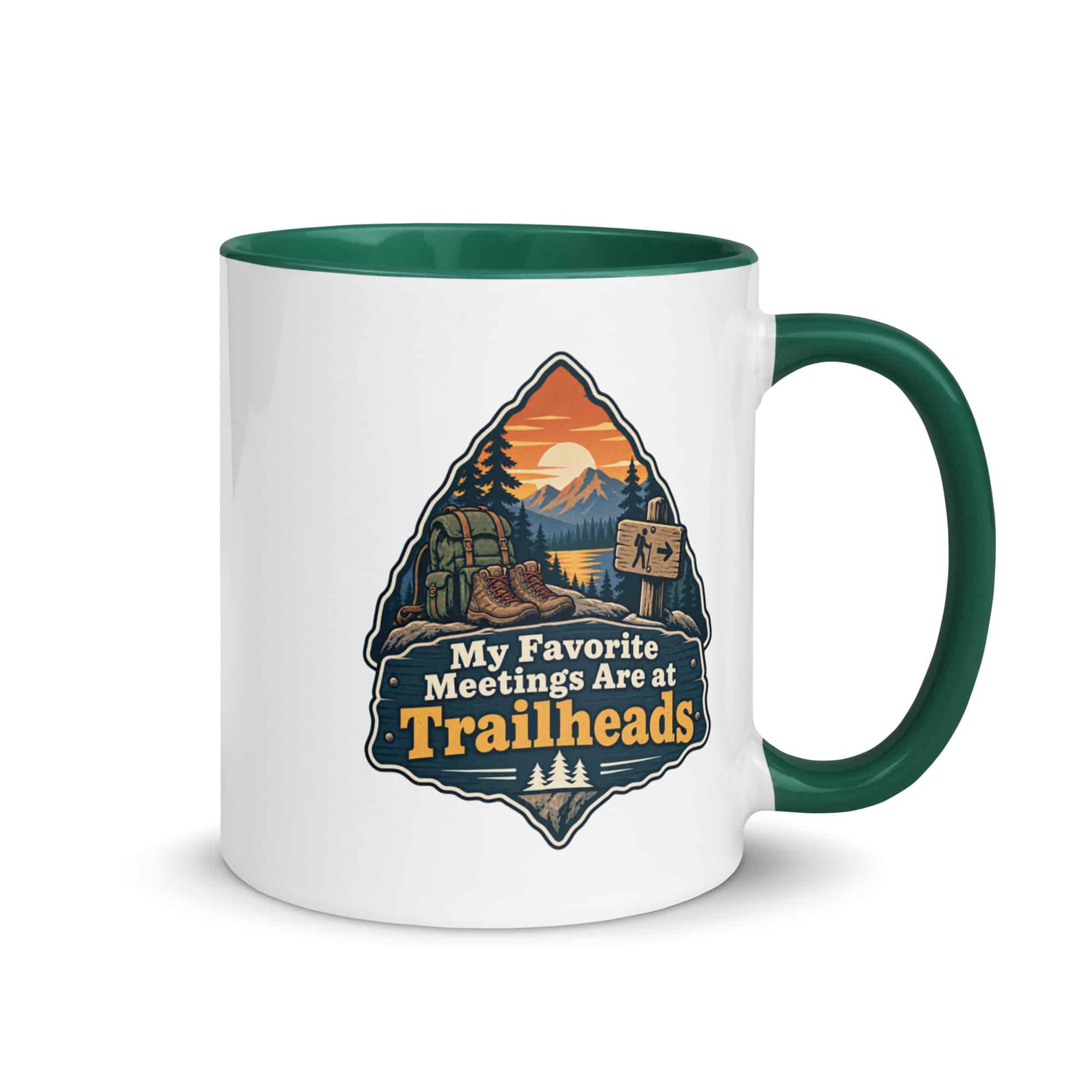 Nature and Adventure Color Inside Coffee Mug: My Favorite Meetings Are at Trailheads, Scenic Shield Badge