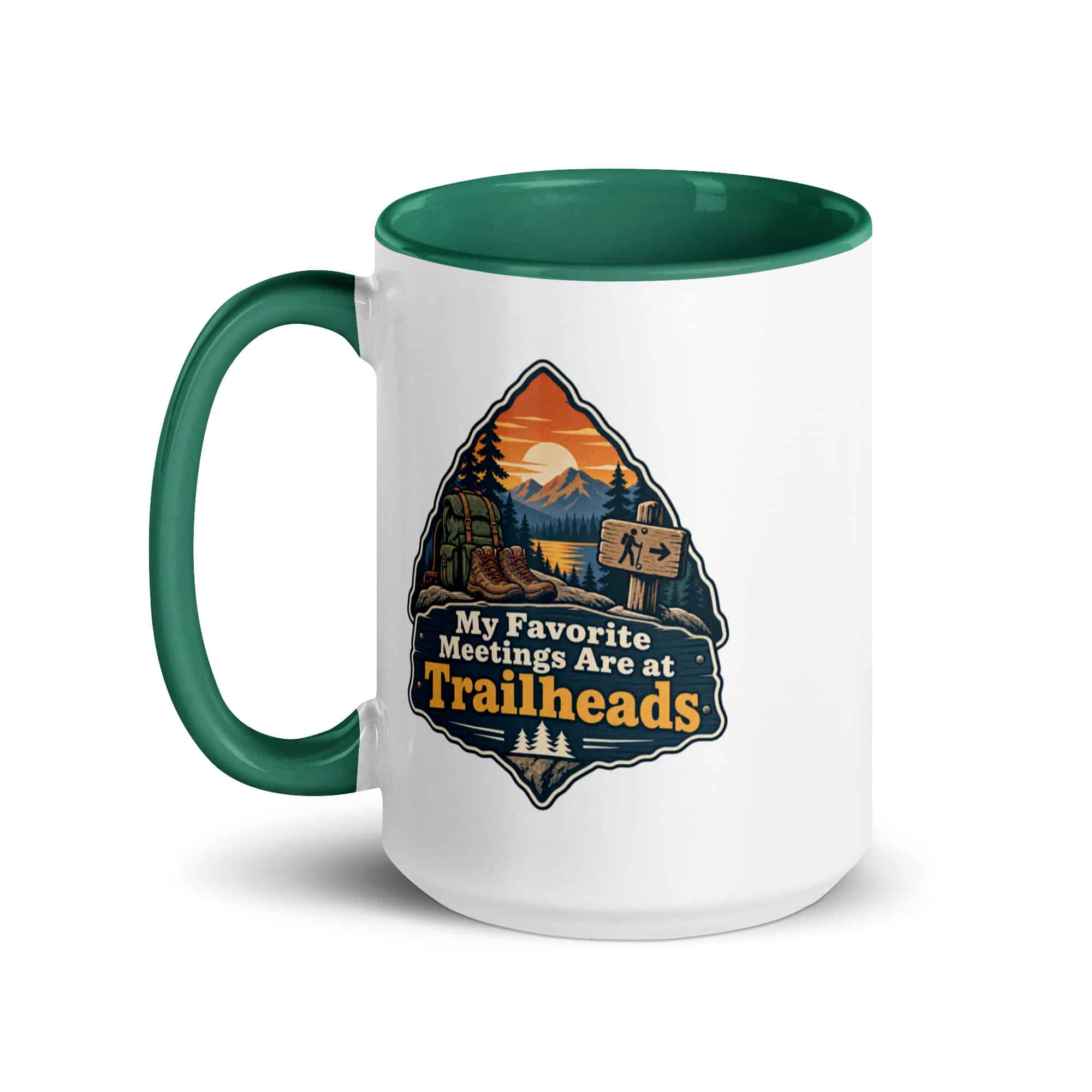 Nature and Adventure Color Inside Coffee Mug: My Favorite Meetings Are at Trailheads, Scenic Shield Badge