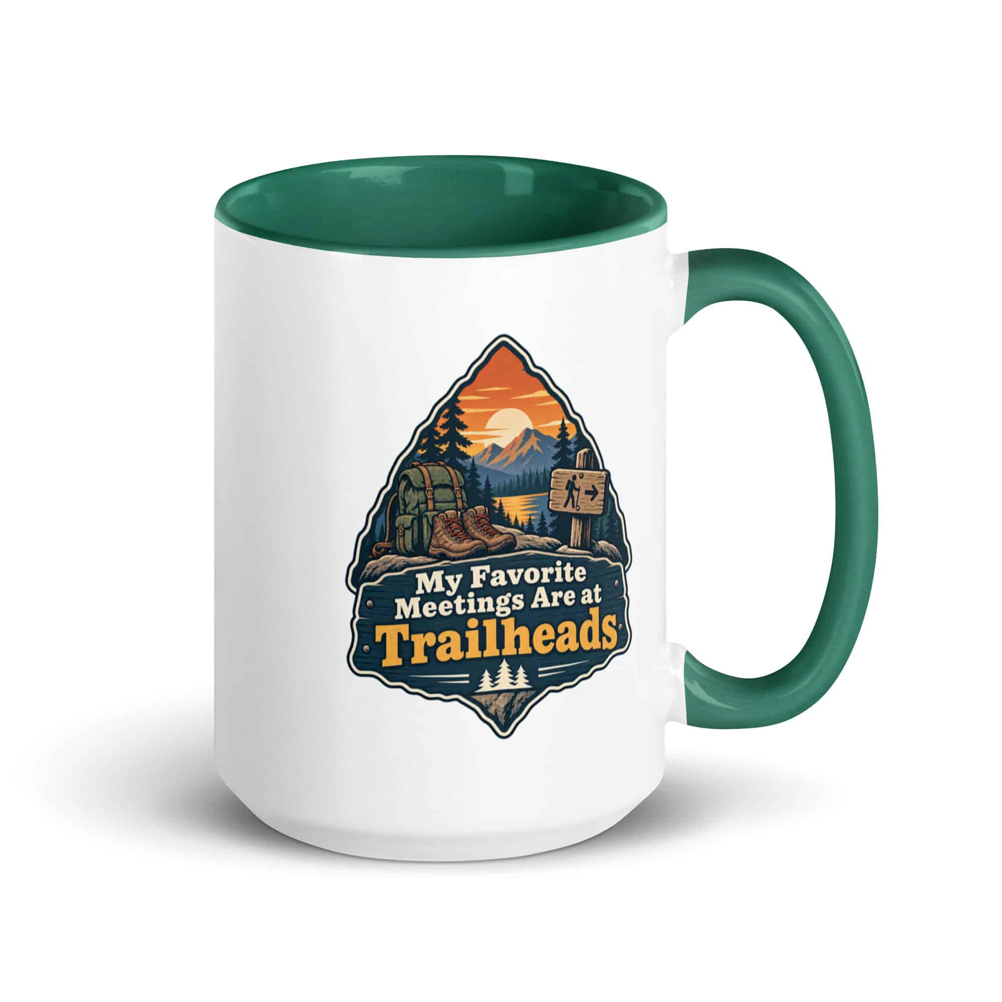 Nature and Adventure Color Inside Coffee Mug: My Favorite Meetings Are at Trailheads, Scenic Shield Badge