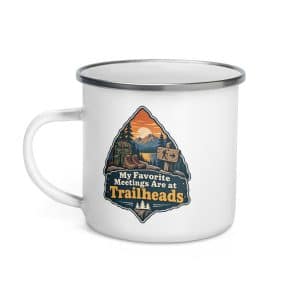 Nature and Adventure Enamel Camp Mug: My Favorite Meetings Are at Trailheads, Scenic Shield Badge - 12 oz - Left
