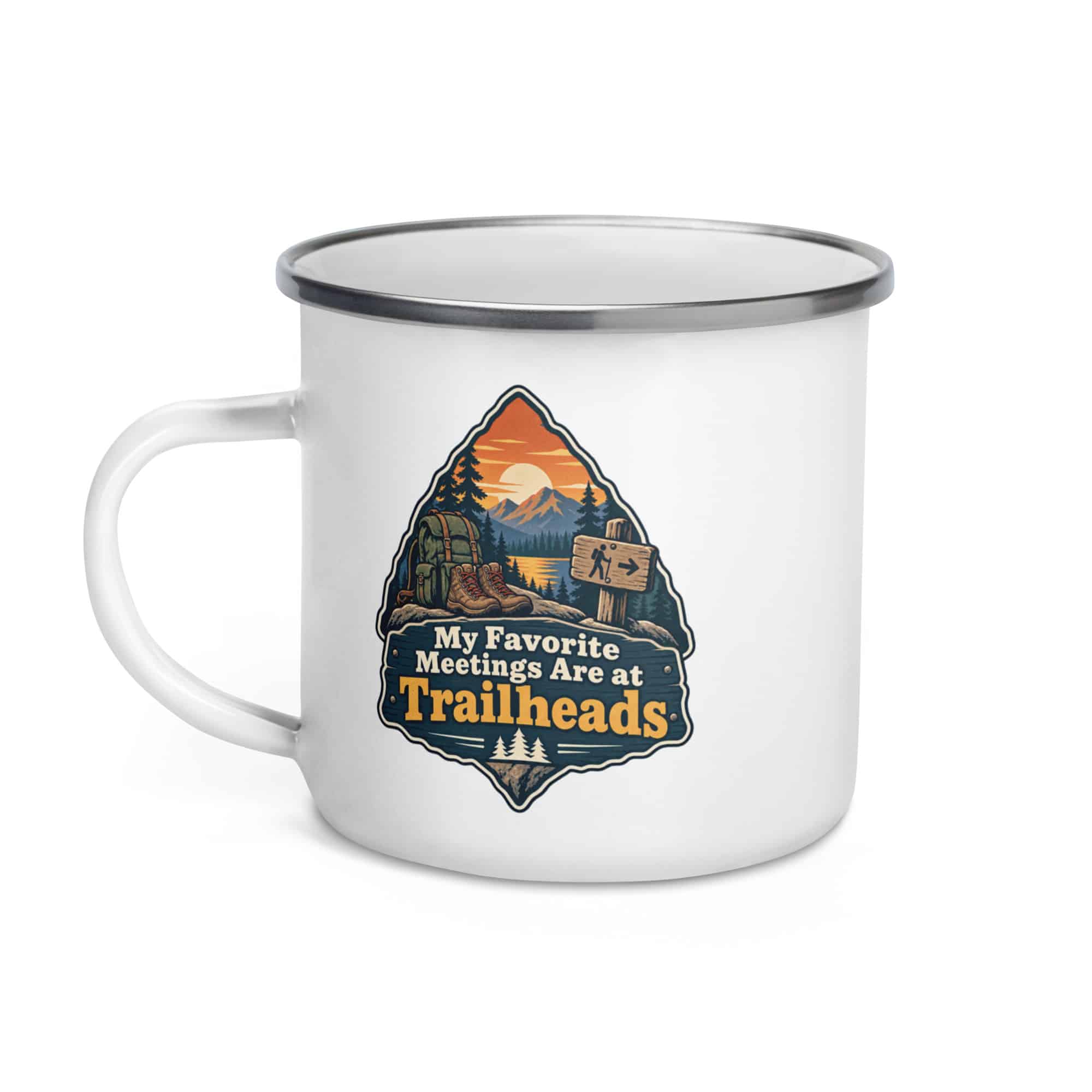 Nature and Adventure Enamel Camp Mug: My Favorite Meetings Are at Trailheads, Scenic Shield Badge