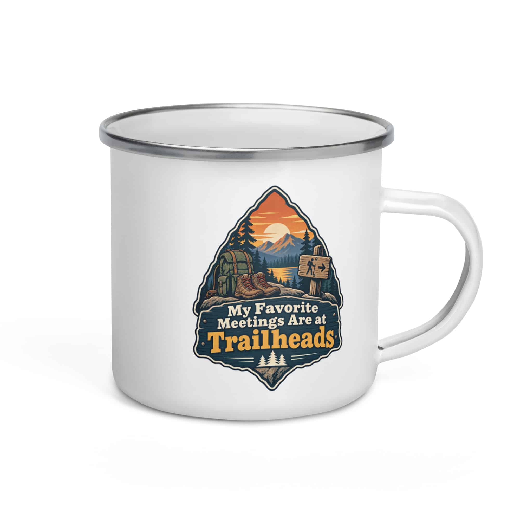 Nature and Adventure Enamel Camp Mug: My Favorite Meetings Are at Trailheads, Scenic Shield Badge