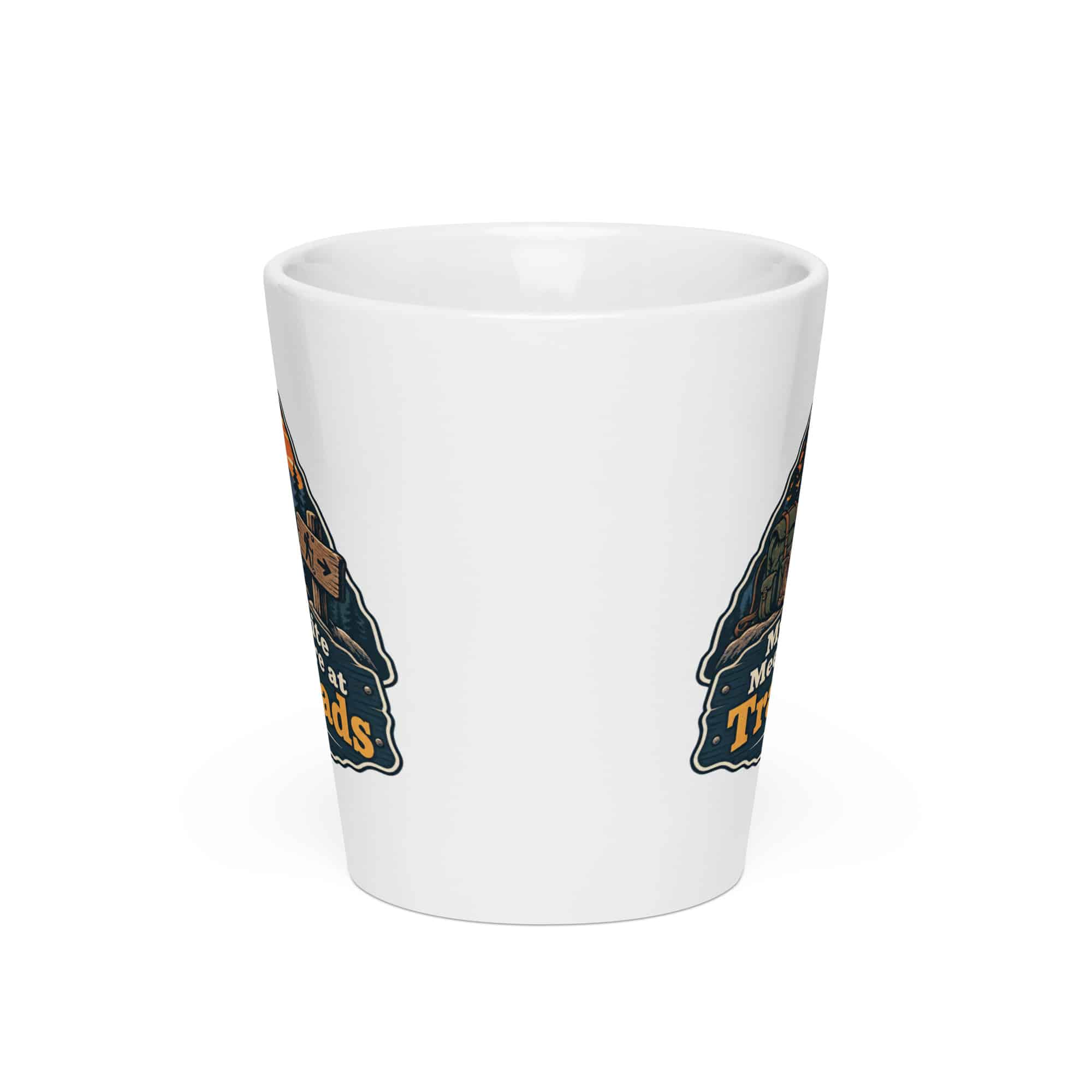 Nature and Adventure Latte Mug: My Favorite Meetings Are at Trailheads, Scenic Shield Badge