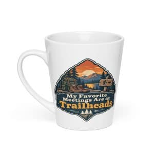 Nature and Adventure Latte Mug: My Favorite Meetings Are at Trailheads, Scenic Shield Badge - 12 oz - Main