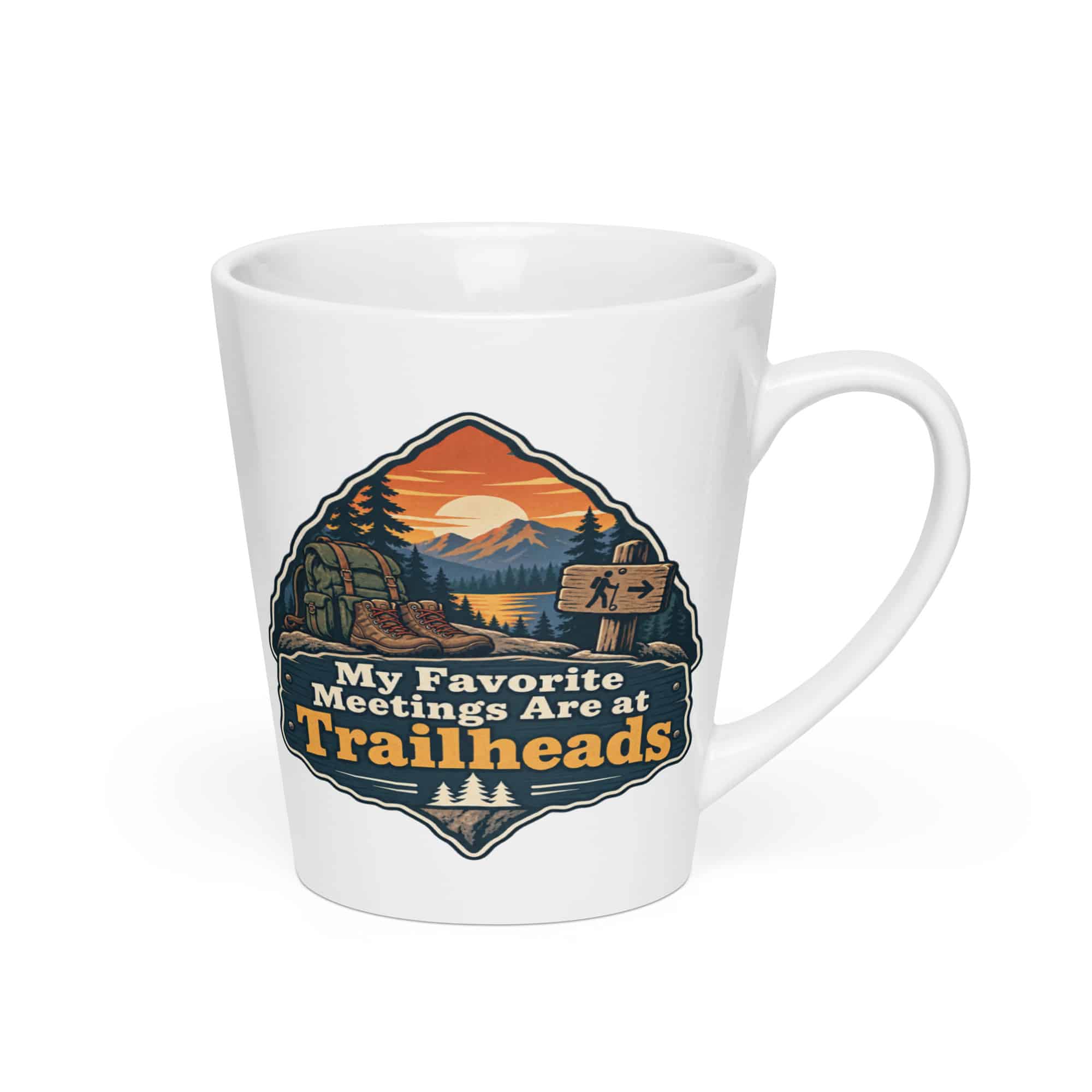 Nature and Adventure Latte Mug: My Favorite Meetings Are at Trailheads, Scenic Shield Badge