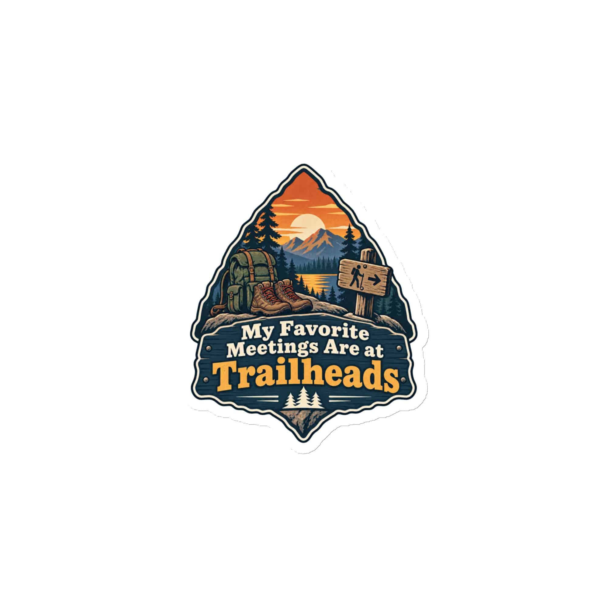 Nature and Adventure Die-Cut Magnet: My Favorite Meetings Are at Trailheads, Scenic Shield Badge