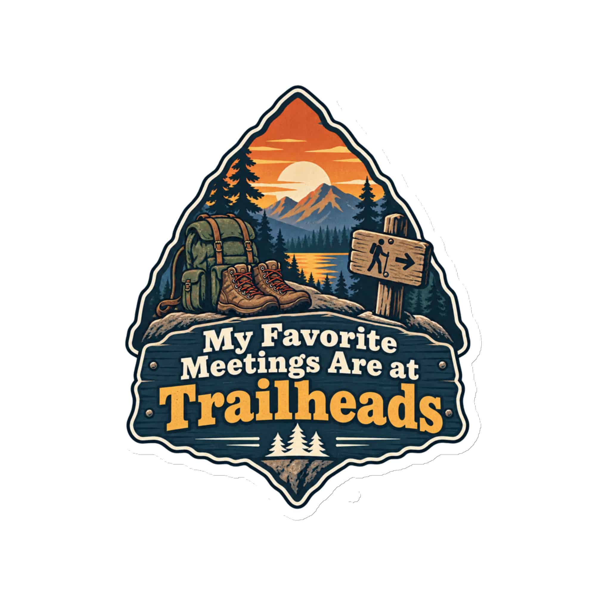 Nature and Adventure Die-Cut Magnet: My Favorite Meetings Are at Trailheads, Scenic Shield Badge