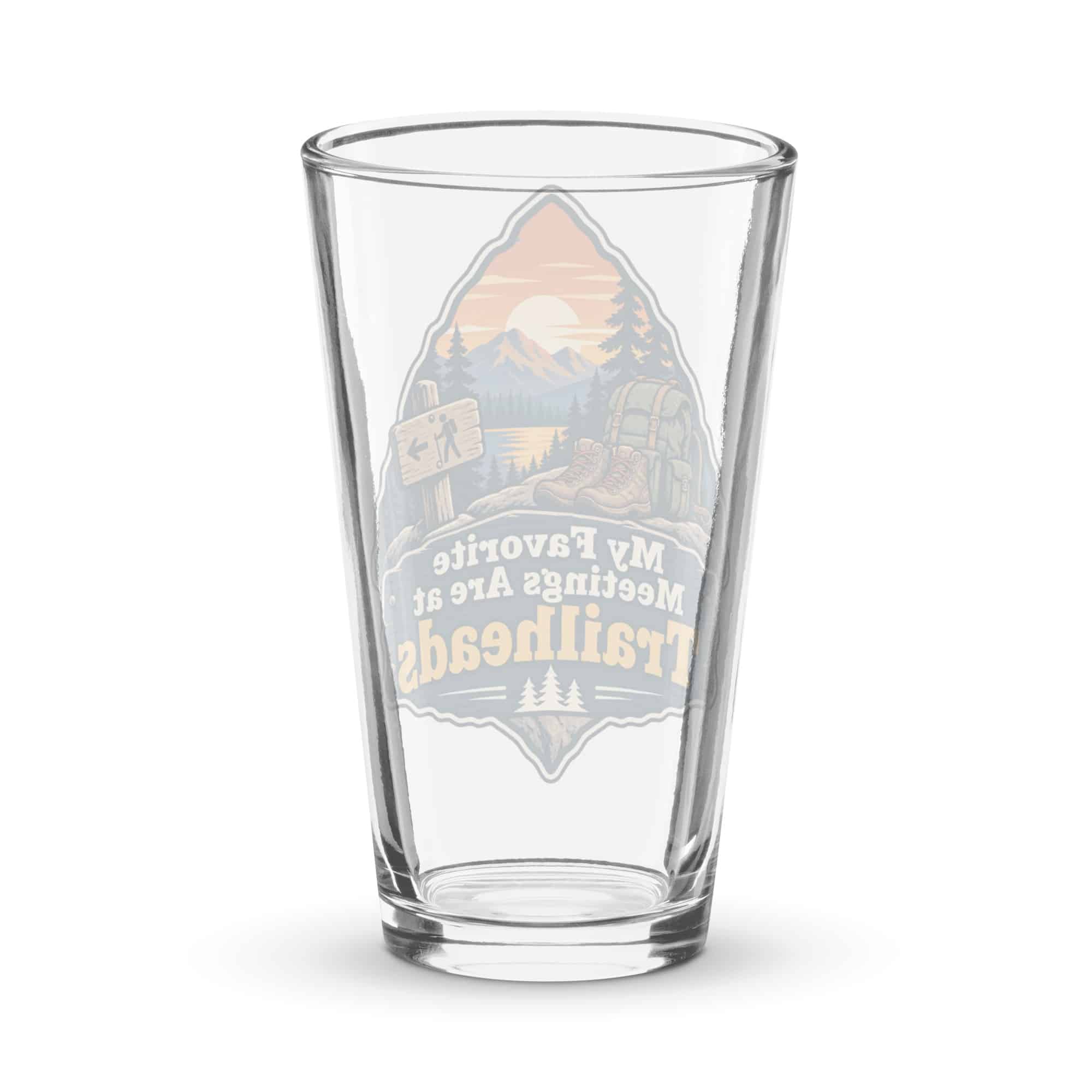 Nature and Adventure Pint Glass: My Favorite Meetings Are at Trailheads, Scenic Shield Badge