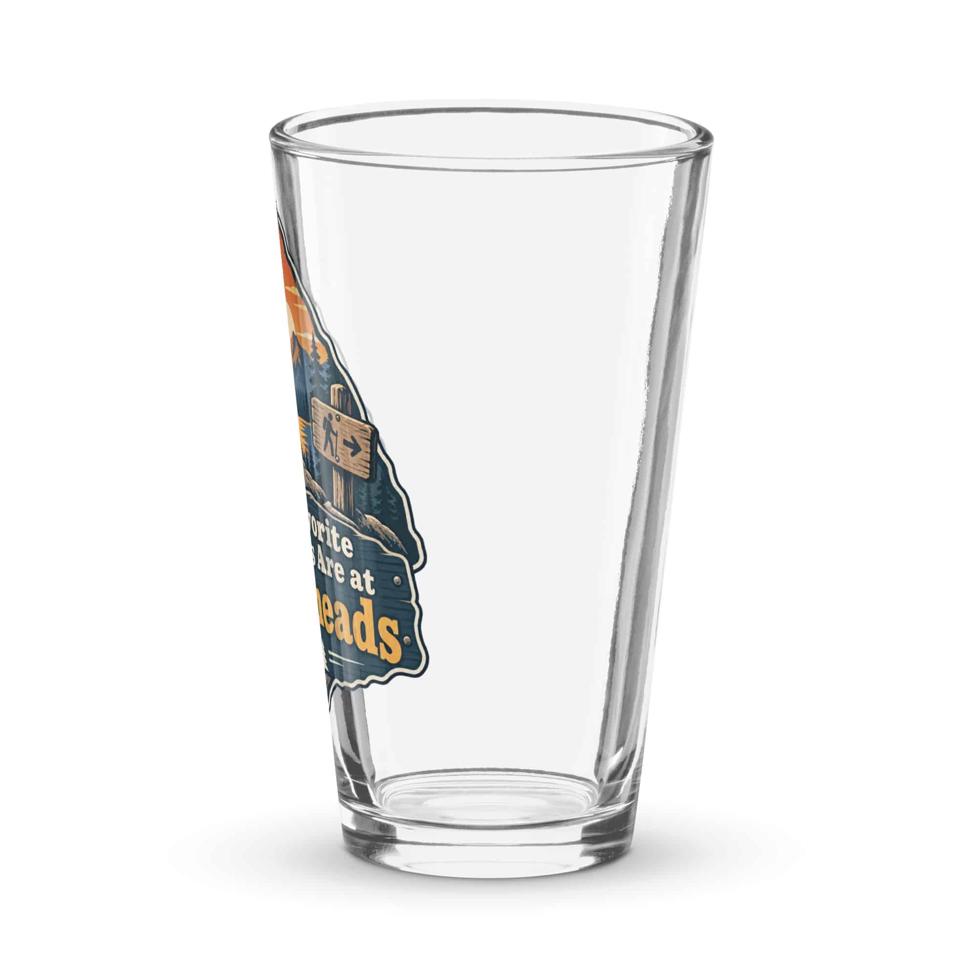 Nature and Adventure Pint Glass: My Favorite Meetings Are at Trailheads, Scenic Shield Badge