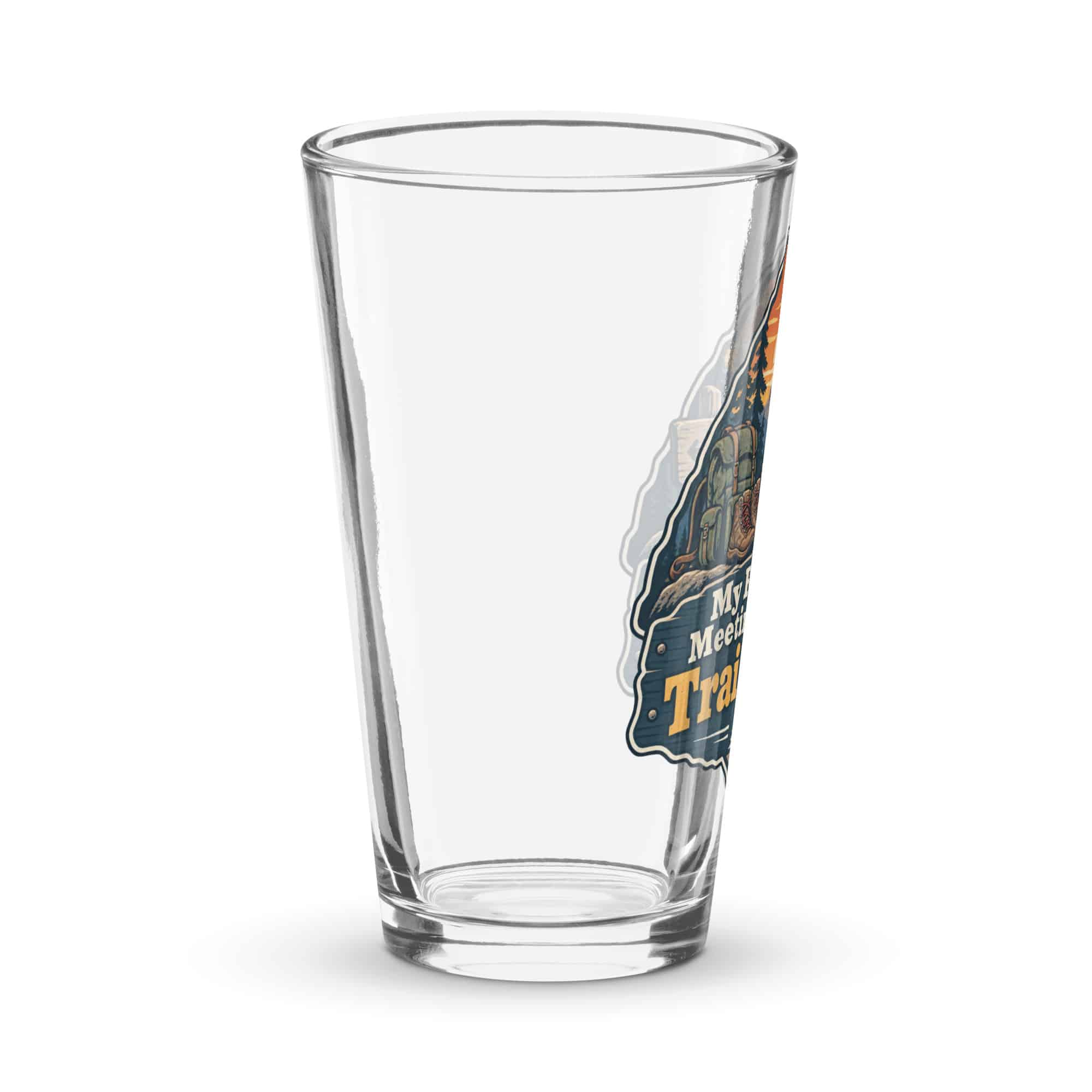 Nature and Adventure Pint Glass: My Favorite Meetings Are at Trailheads, Scenic Shield Badge
