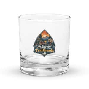 Nature and Adventure Rocks Glass: My Favorite Meetings Are at Trailheads, Scenic Shield Badge - 10.5 oz - Main