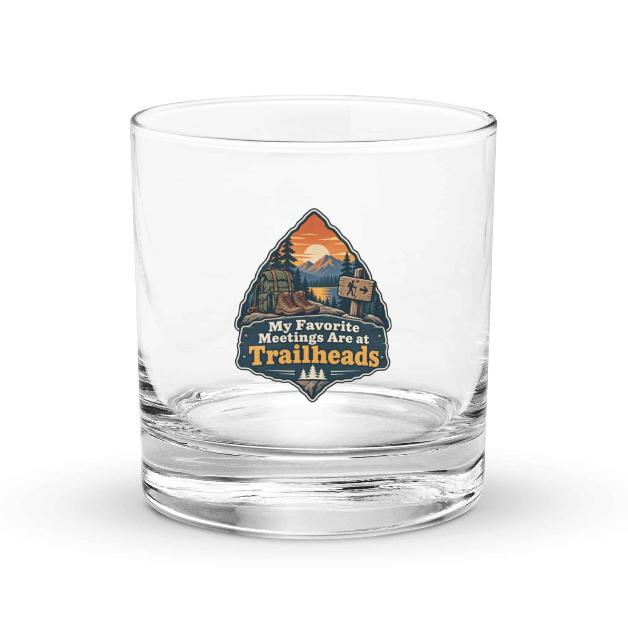 Nature and Adventure Rocks Glass: My Favorite Meetings Are at Trailheads, Scenic Shield Badge