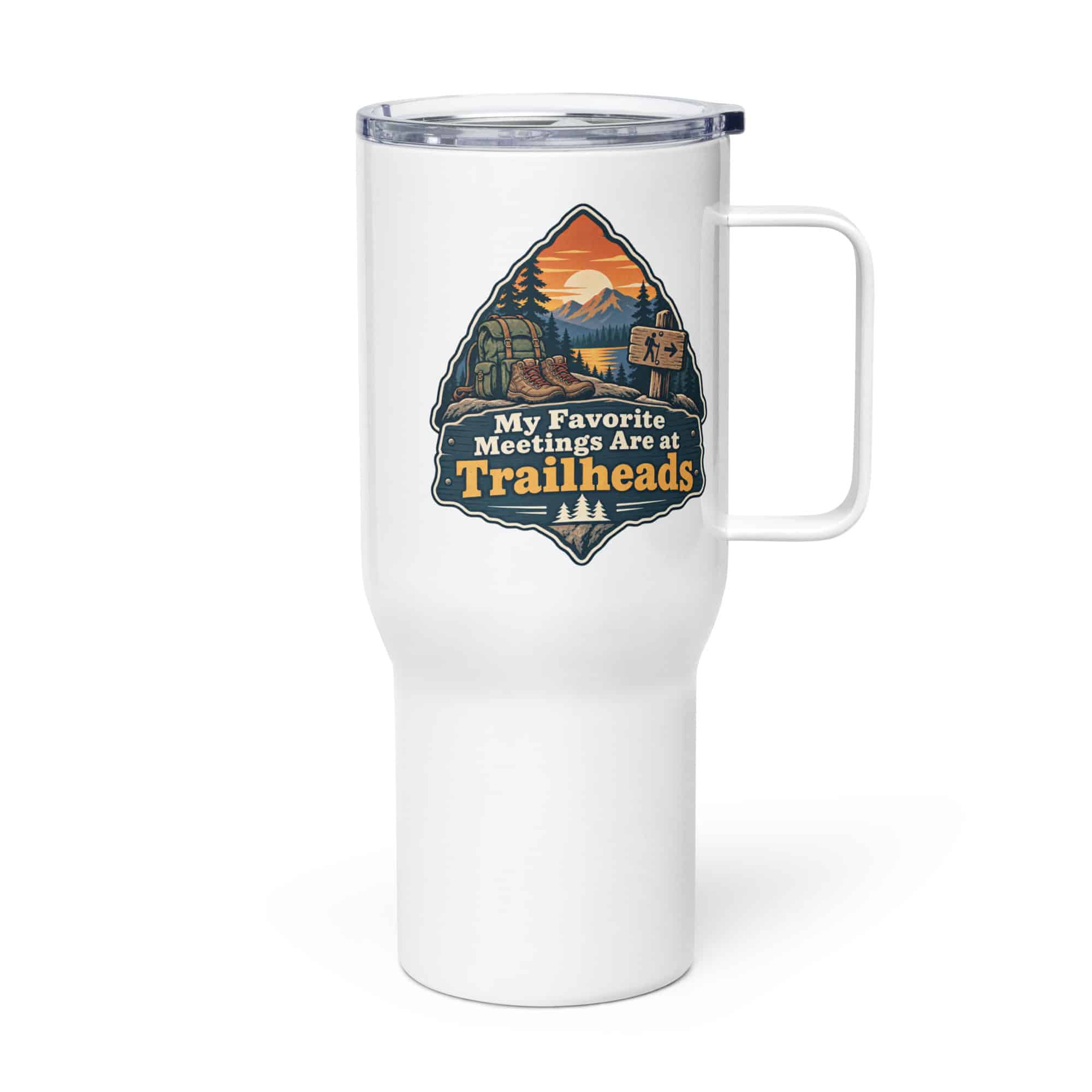 Nature and Adventure Travel Mug: My Favorite Meetings Are at Trailheads, Scenic Shield Badge