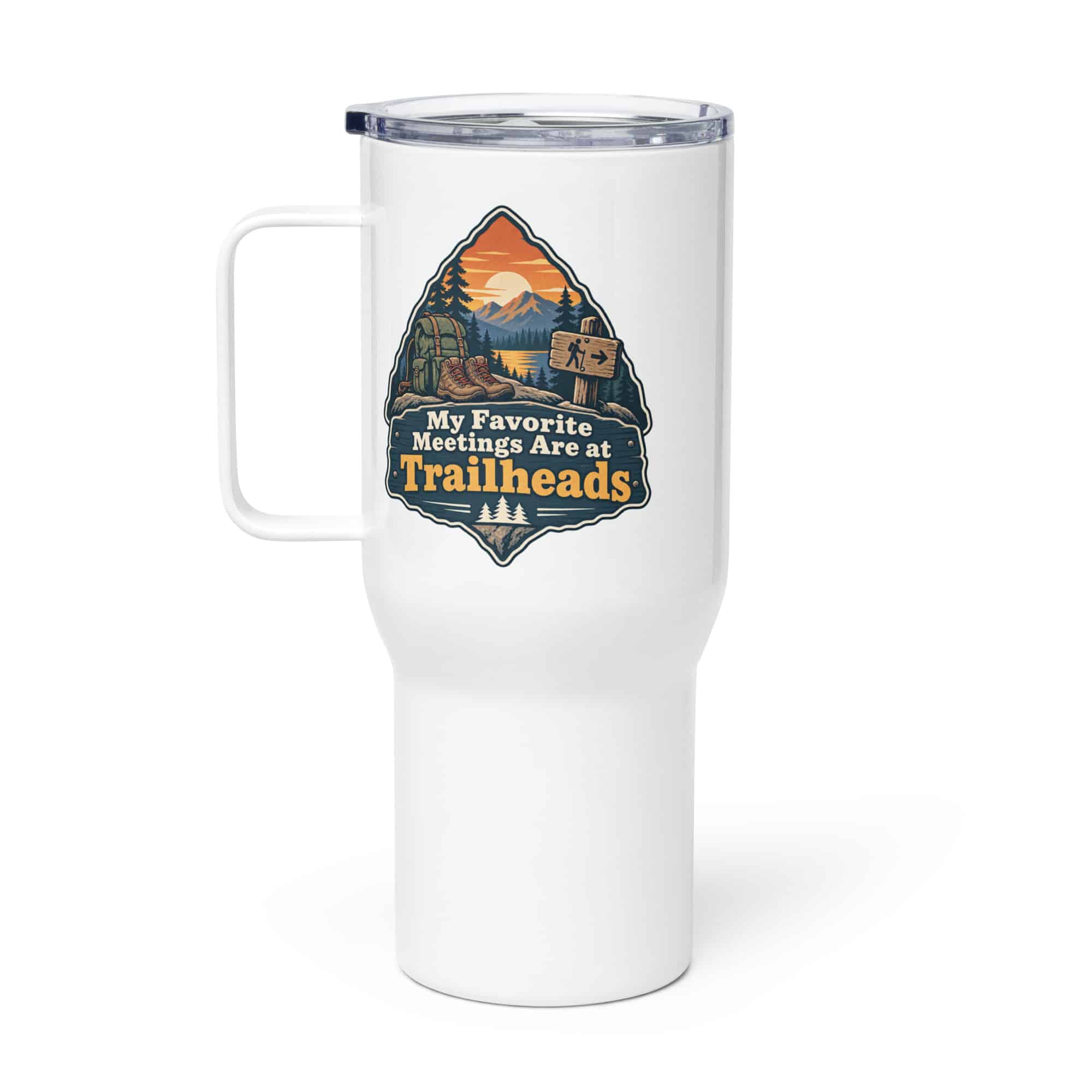 Nature and Adventure Travel Mug: My Favorite Meetings Are at Trailheads, Scenic Shield Badge